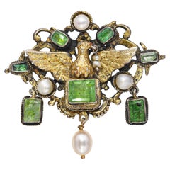 Antique Austro-Hungarian Vermeil Emerald & Pearl Eagle Brooch