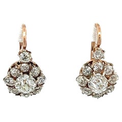 Antique Austro-Hungrian Diamond 14k Yellow Gold Platinum Cluster Drop Earrings