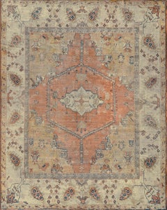 Antique Authentic Light-Salmon and Sandy-Yellow Wool Handwoven Oushak Rug