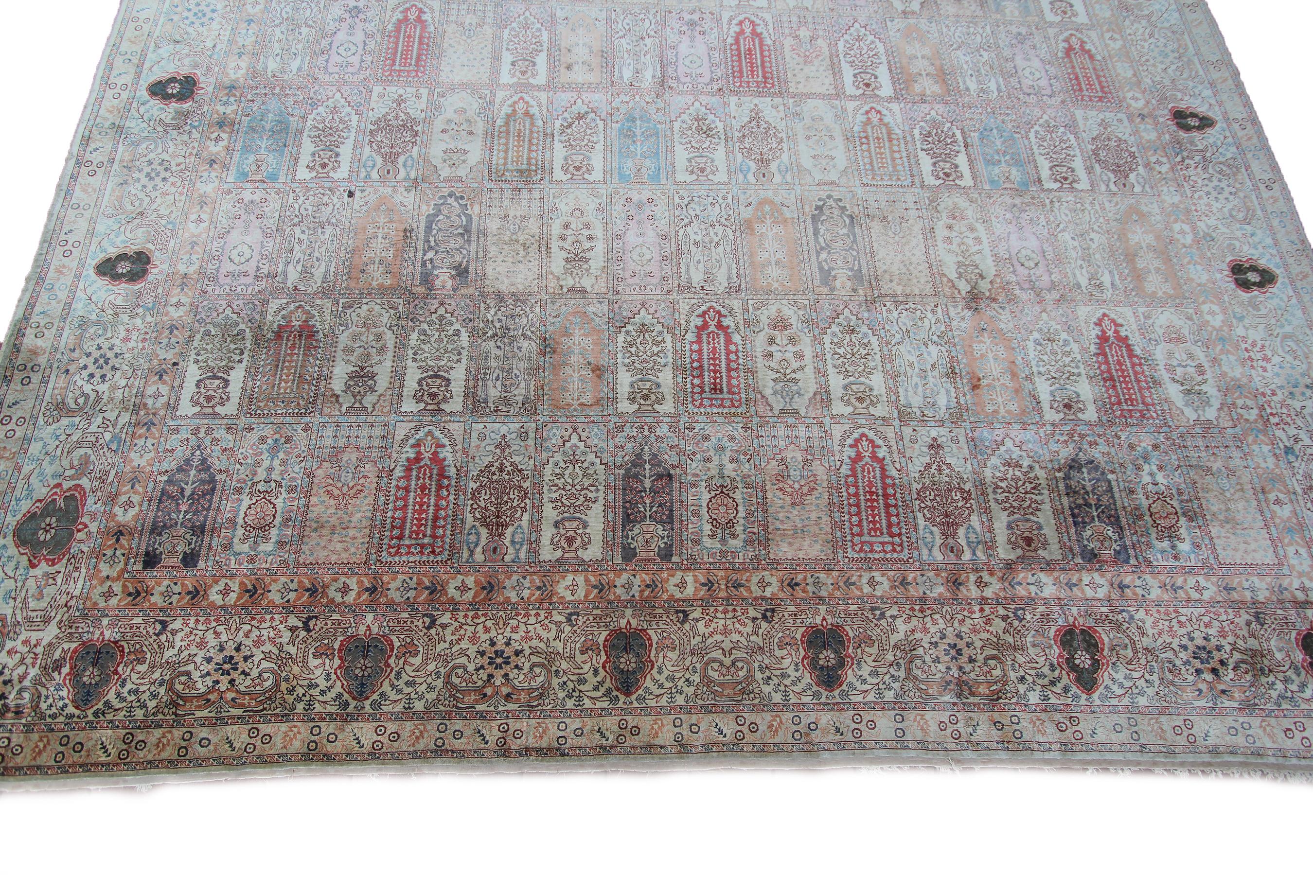 Antique Authentic Silk and Metal Turkish Hereke Fine Exceptional 10x13 Garden For Sale 2