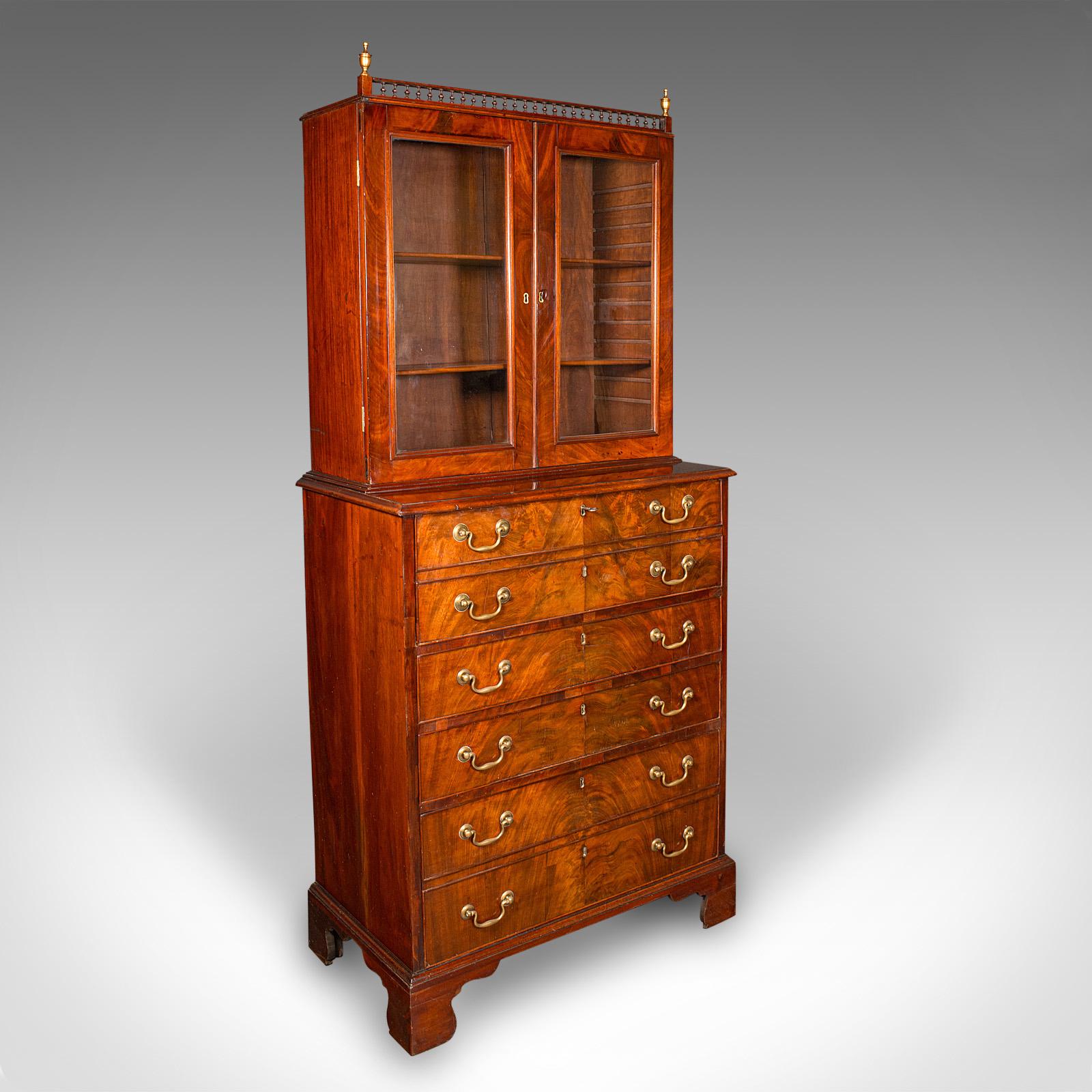 This is an antique author's chest. An English, flame mahogany breakfront secretaire cabinet, dating to the Georgian period, circa 1780.

Beautifully alluring cabinetry, with superb colour and of useful proportion
Displaying a desirable aged patina