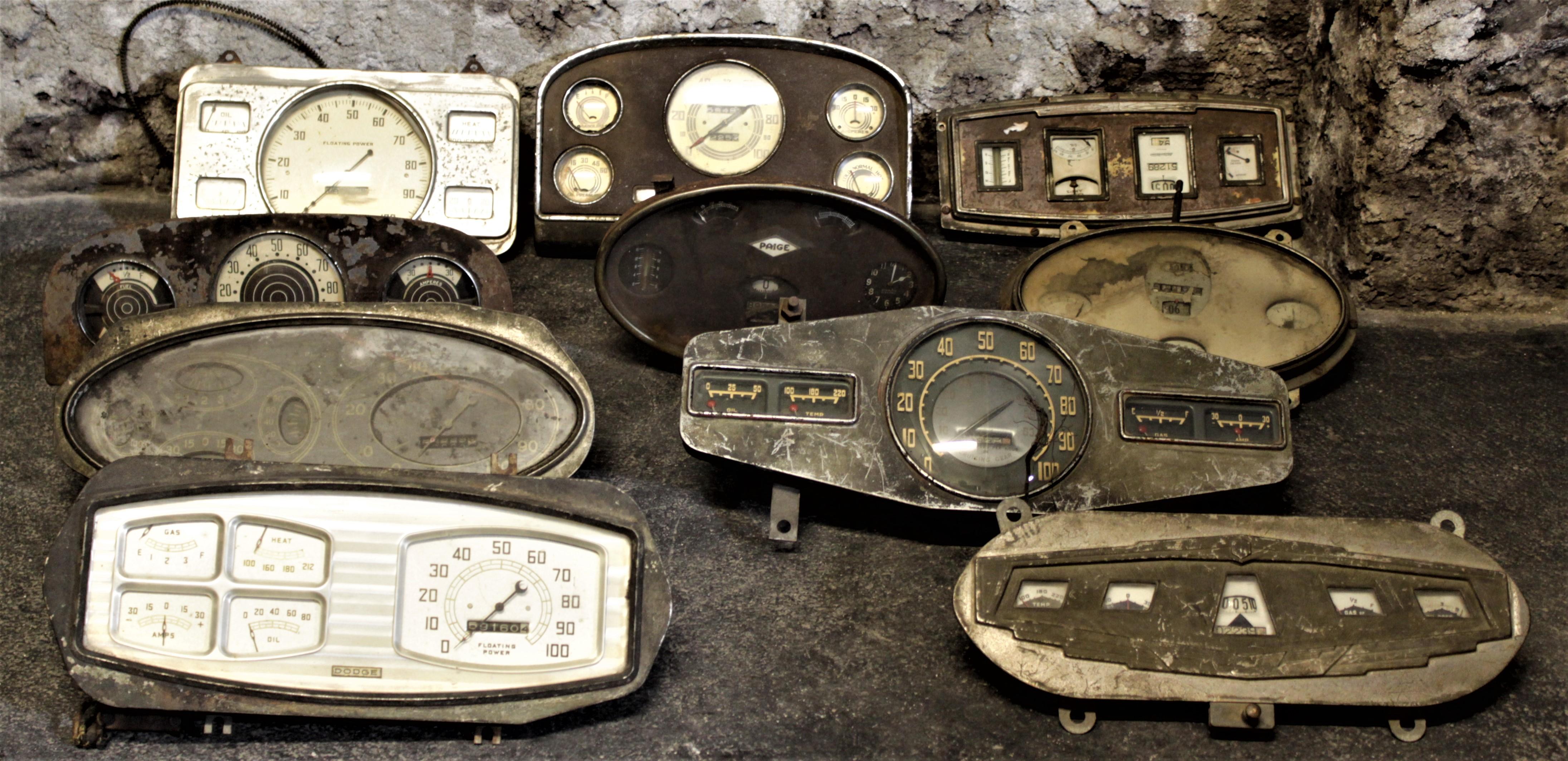 This is a collection of ten various dash panel speedometer gauges from cars and possibly trucks from the 1930s and later. At least one is from the Dodge Motor Company, and we're unsure if the others are or not. Condition of each one of the group is