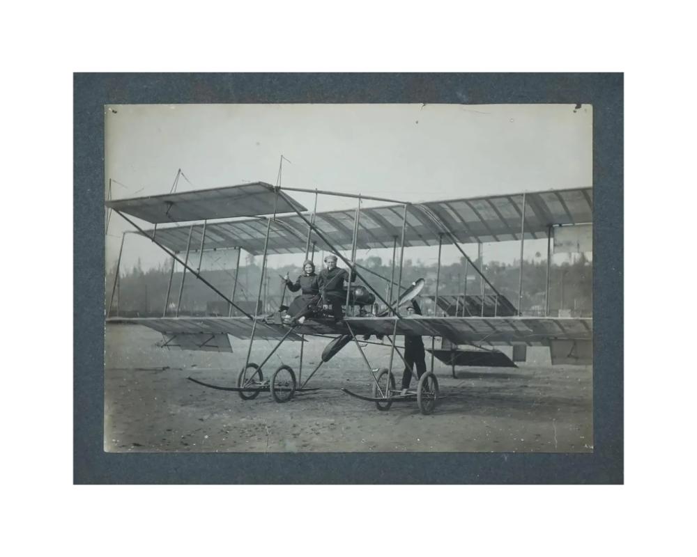 Unknown Antique Aviation Bw Photo Of Couple On Biplane Framed For Sale