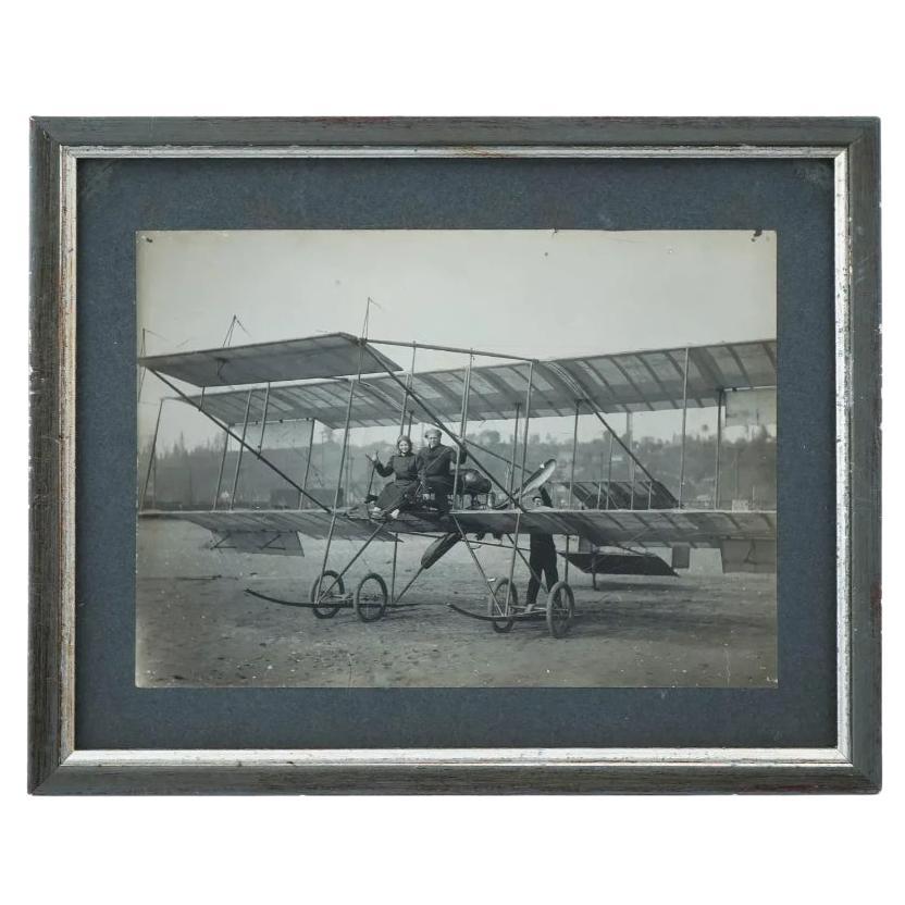 Antique Aviation Bw Photo Of Couple On Biplane Framed For Sale