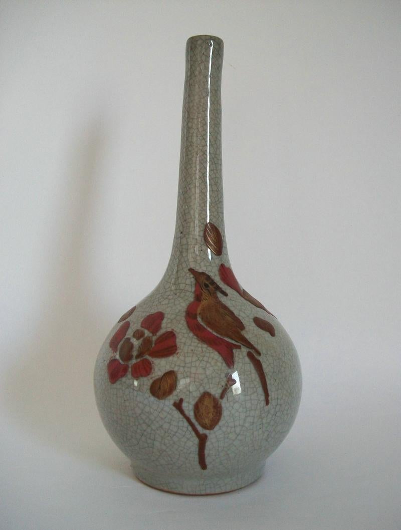 Japonisme Antique Awaji Grey Crackle Glaze Ceramic Vase - Meiji Period - Japan - C.1910 For Sale