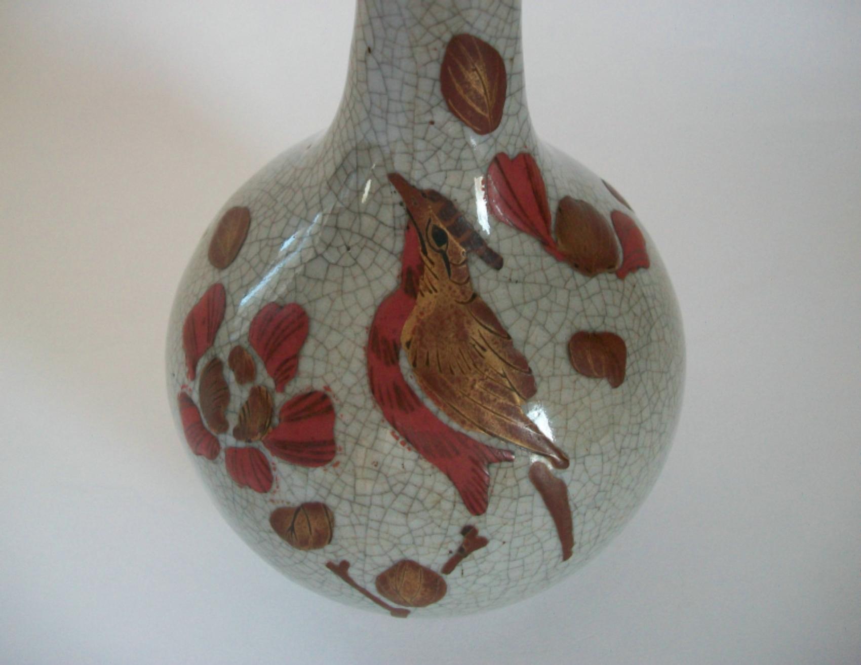 Glazed Antique Awaji Grey Crackle Glaze Ceramic Vase - Meiji Period - Japan - C.1910 For Sale