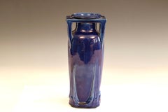 Antique Awaji Pottery Art Deco Blue Buttress Architectural Vase