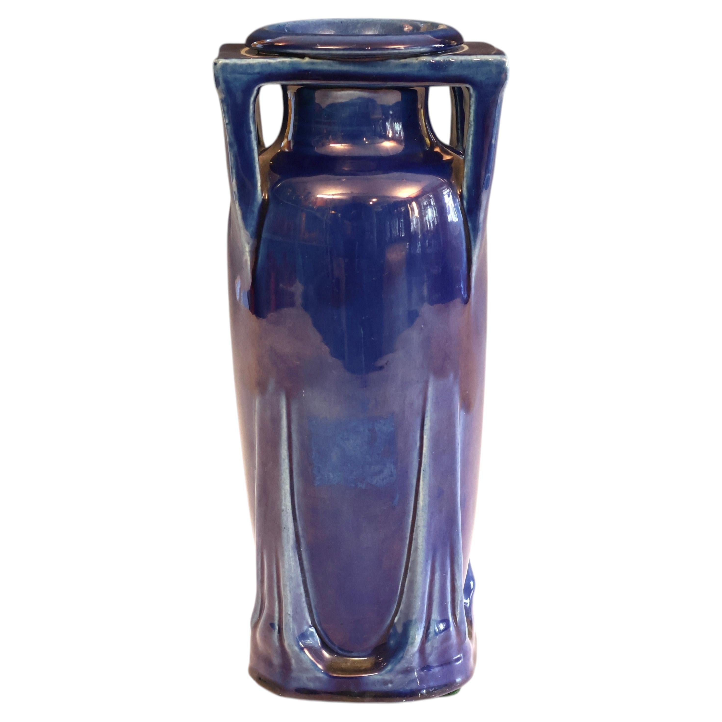 Antique Awaji Pottery Art Deco Blue Buttress Architectural Vase at 1stDibs