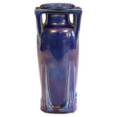 Antique Awaji Pottery Art Deco Blue Buttress Architectural Vase