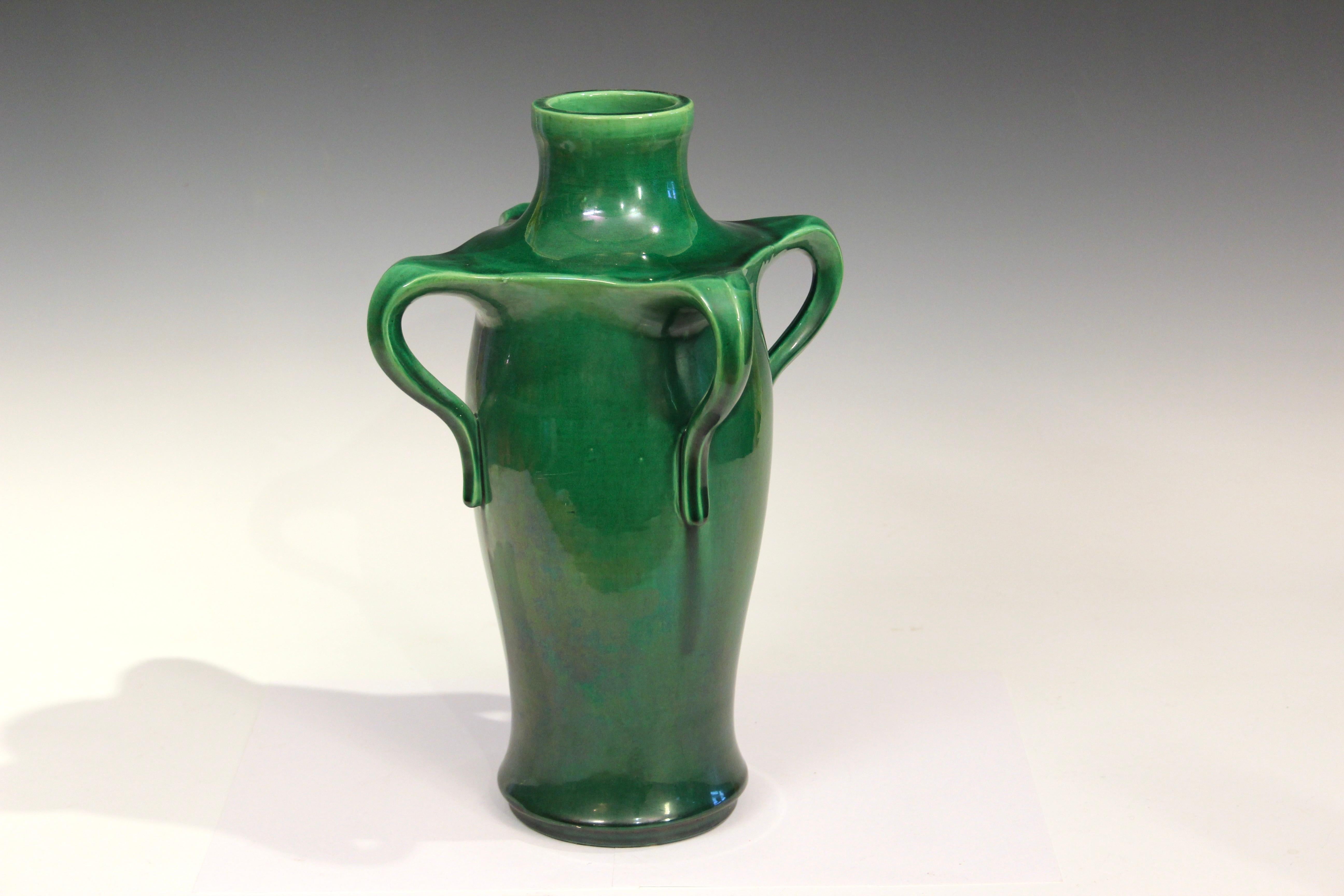Arts and Crafts Antique Awaji Pottery Art Nouveau Four Handle Green Vase For Sale