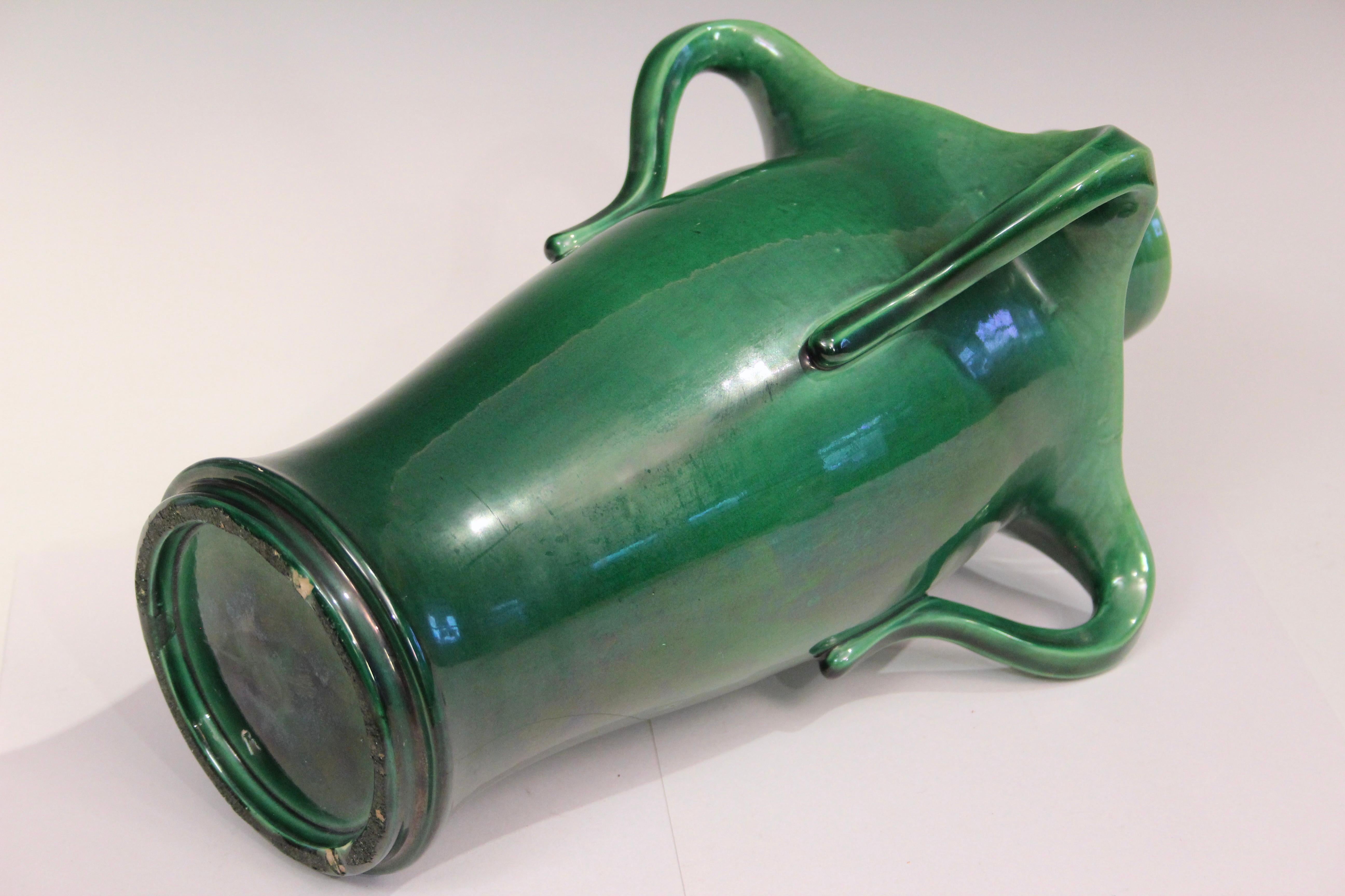 Turned Antique Awaji Pottery Art Nouveau Four Handle Green Vase For Sale