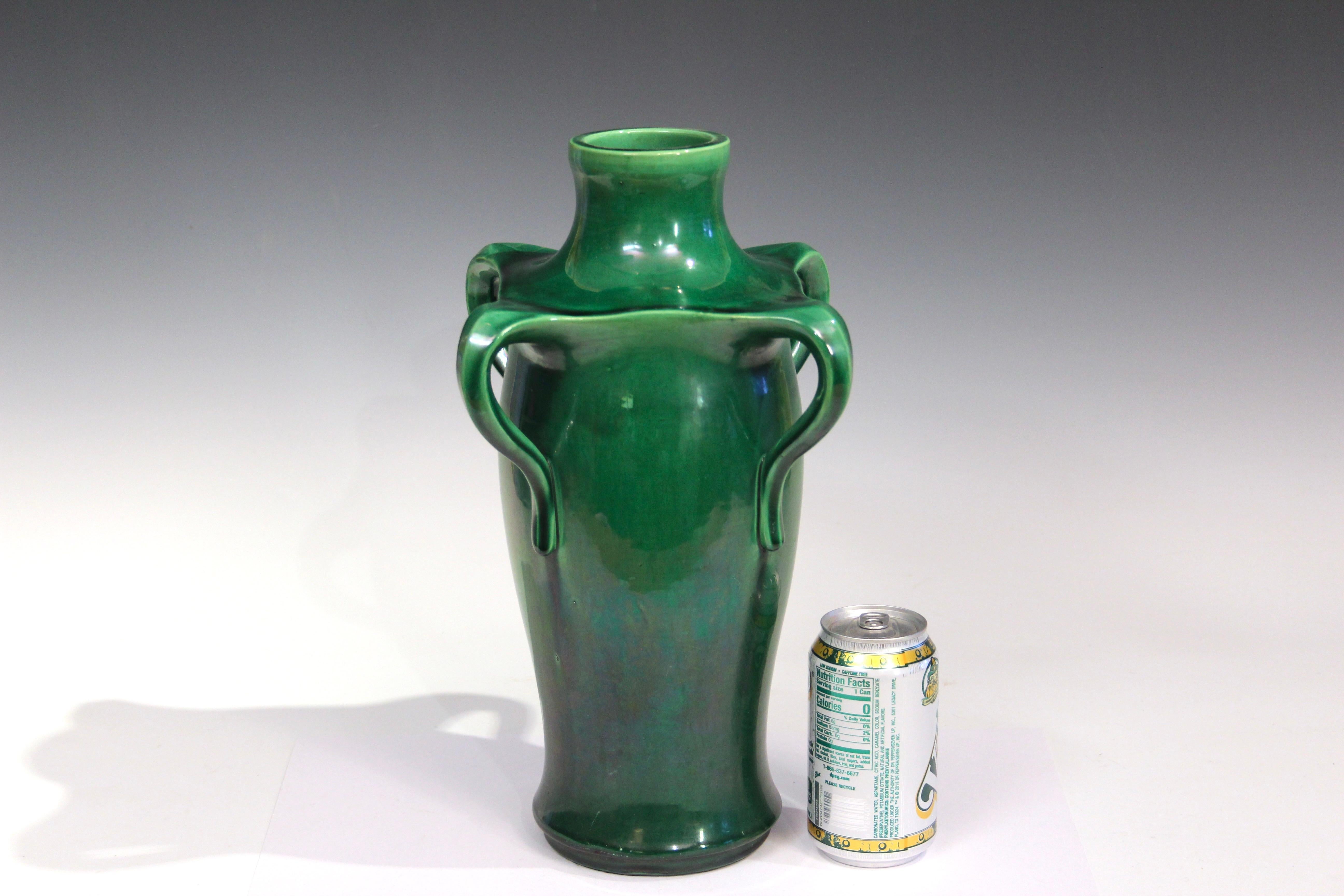 Early 20th Century Antique Awaji Pottery Art Nouveau Four Handle Green Vase For Sale