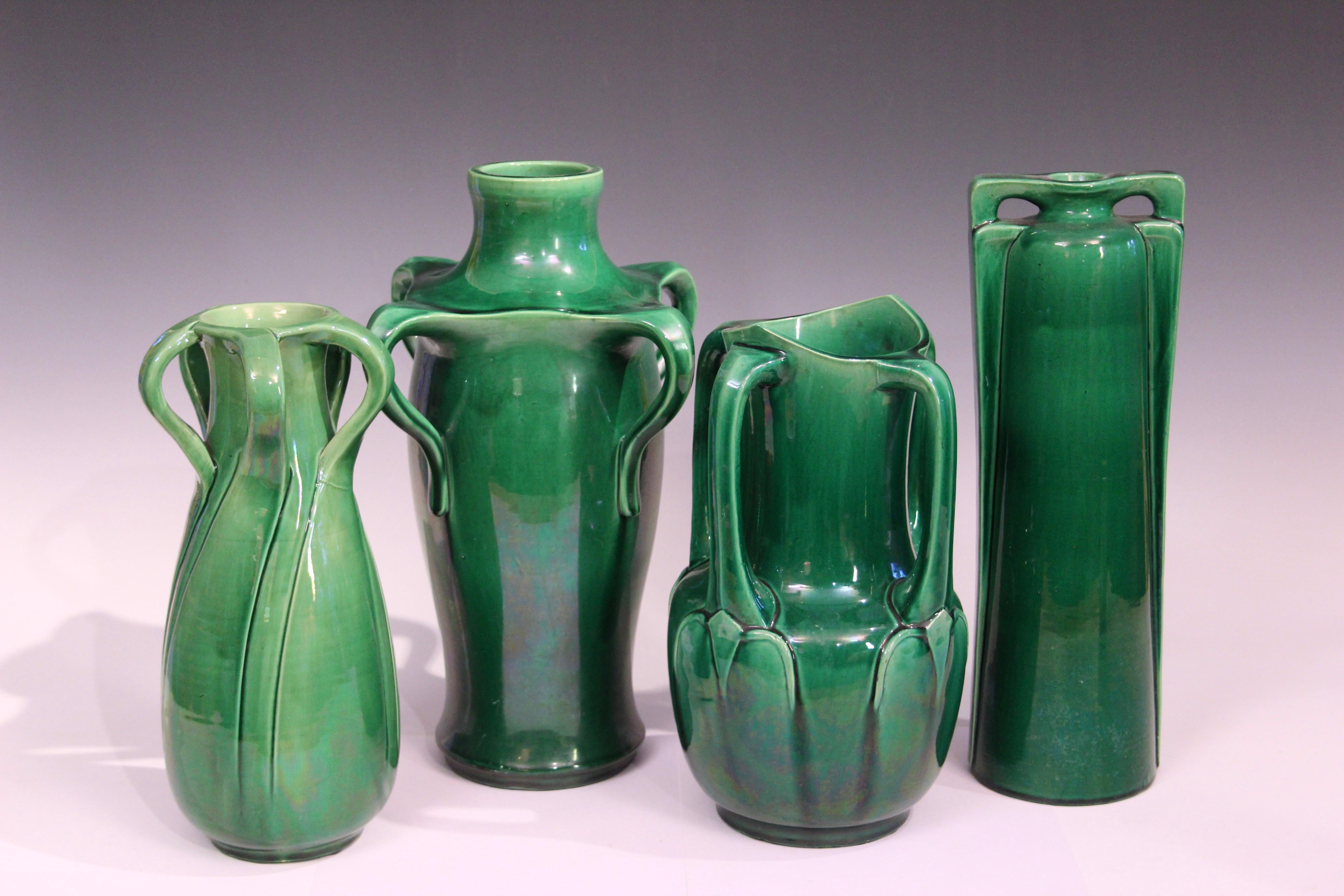 Antique Awaji Pottery Art Nouveau Four Handle Green Vase For Sale 1