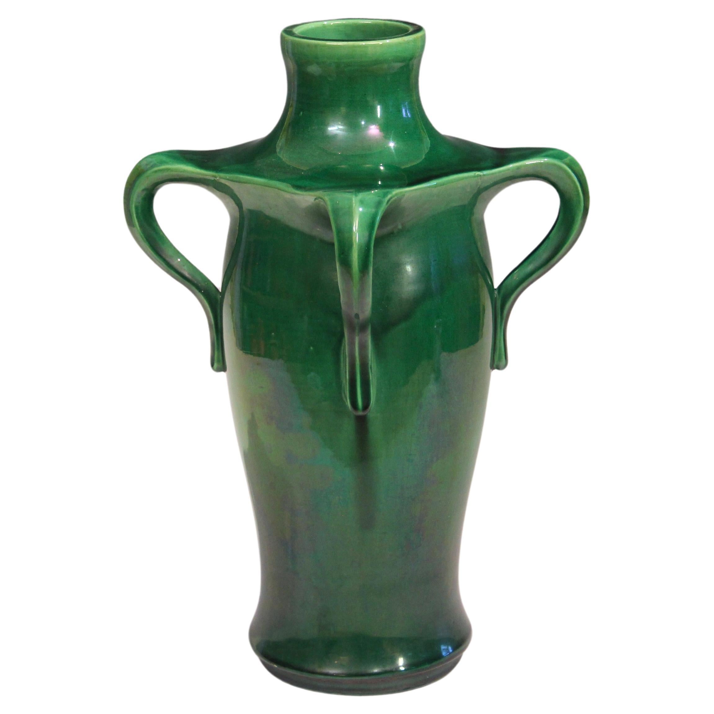 Antique Awaji Pottery Art Nouveau Four Handle Green Vase For Sale