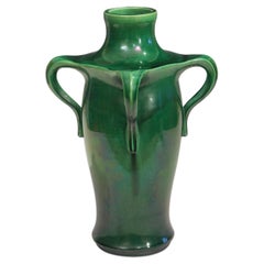 Antique Awaji Pottery Art Nouveau Four Handle Green Vase
