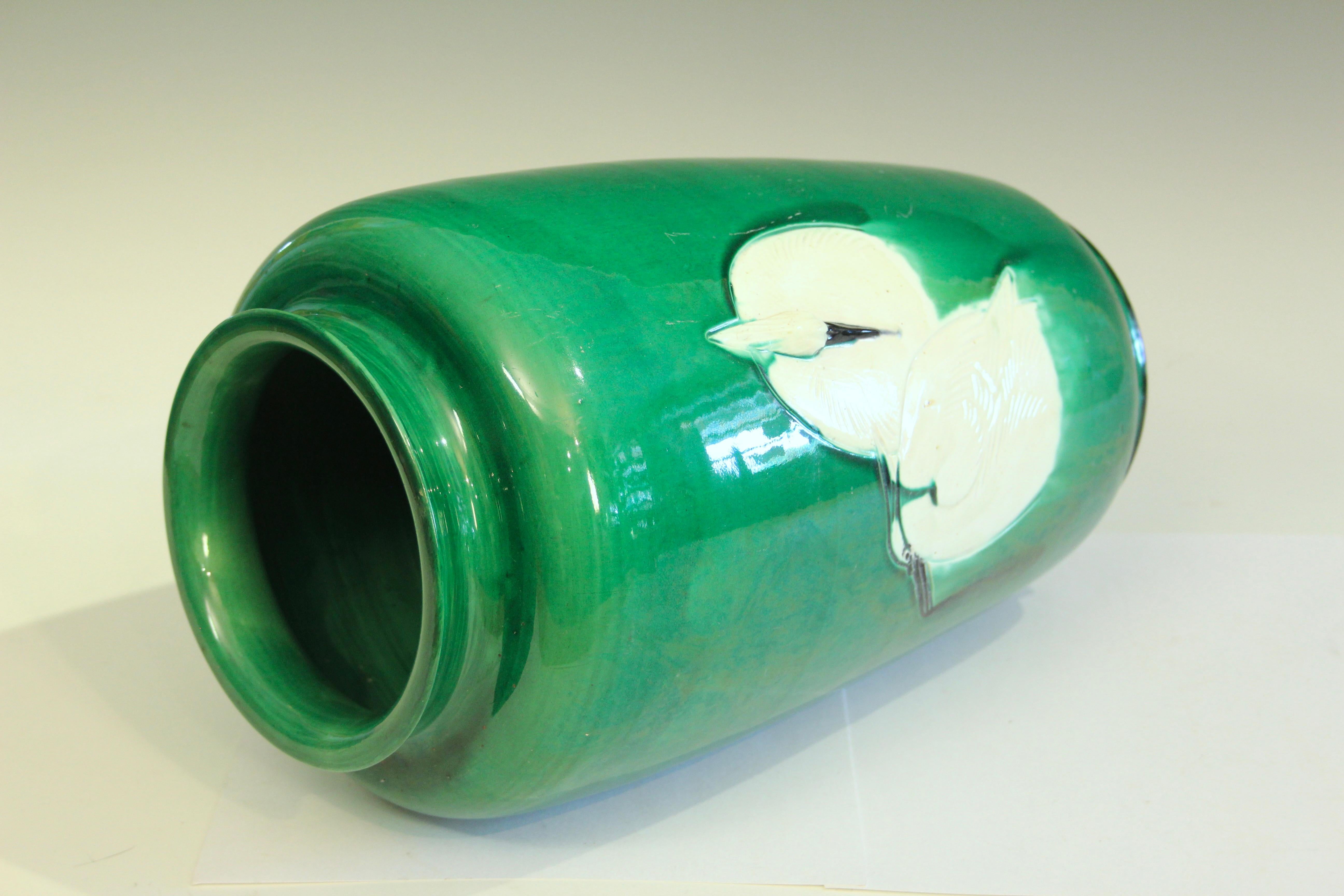 Japanese Antique Awaji Pottery Arts and Crafts Large Cranes Vase For Sale