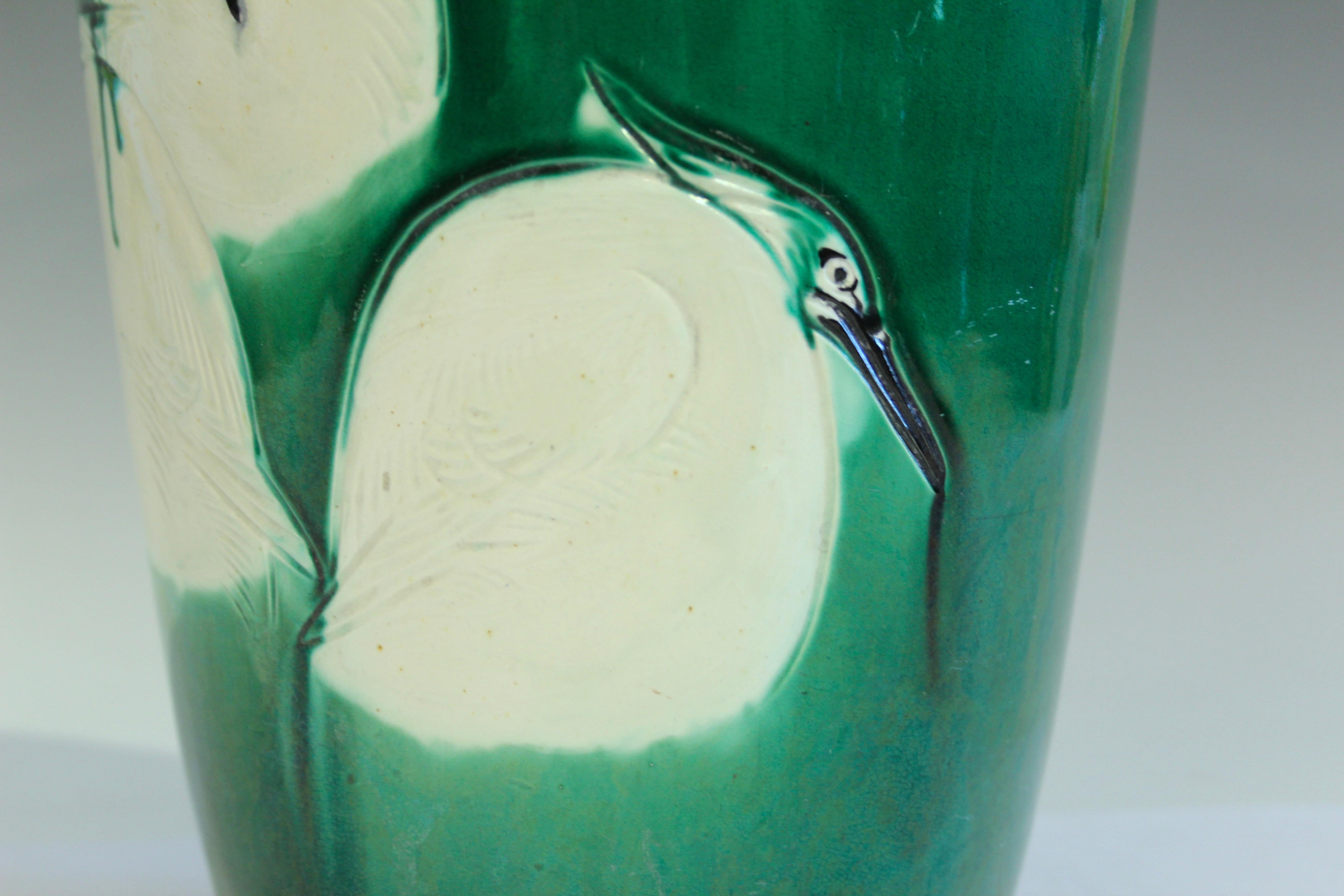 Antique Awaji Pottery Arts and Crafts Large Cranes Vase For Sale 1