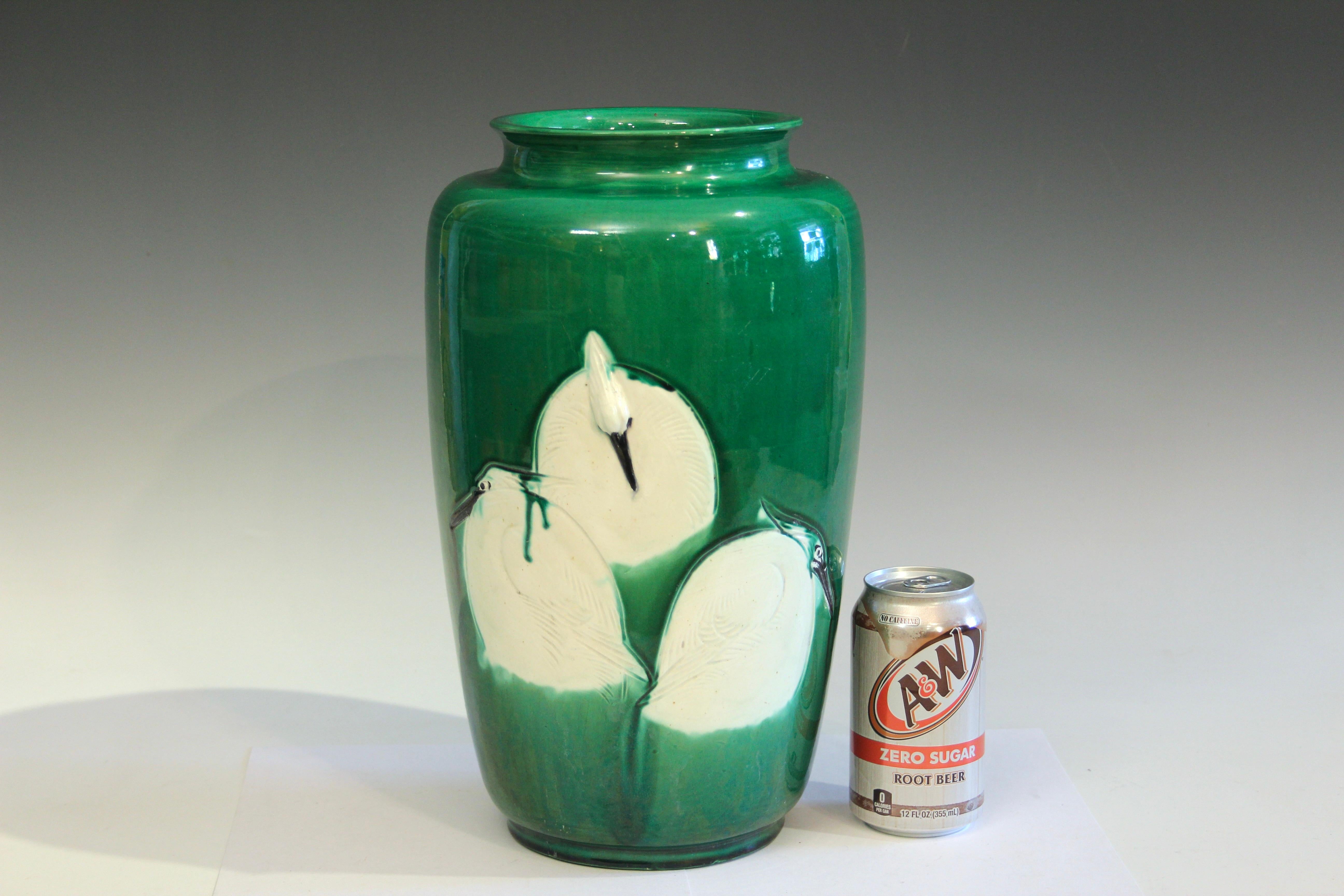 Antique Awaji Pottery Arts and Crafts Large Cranes Vase For Sale 2