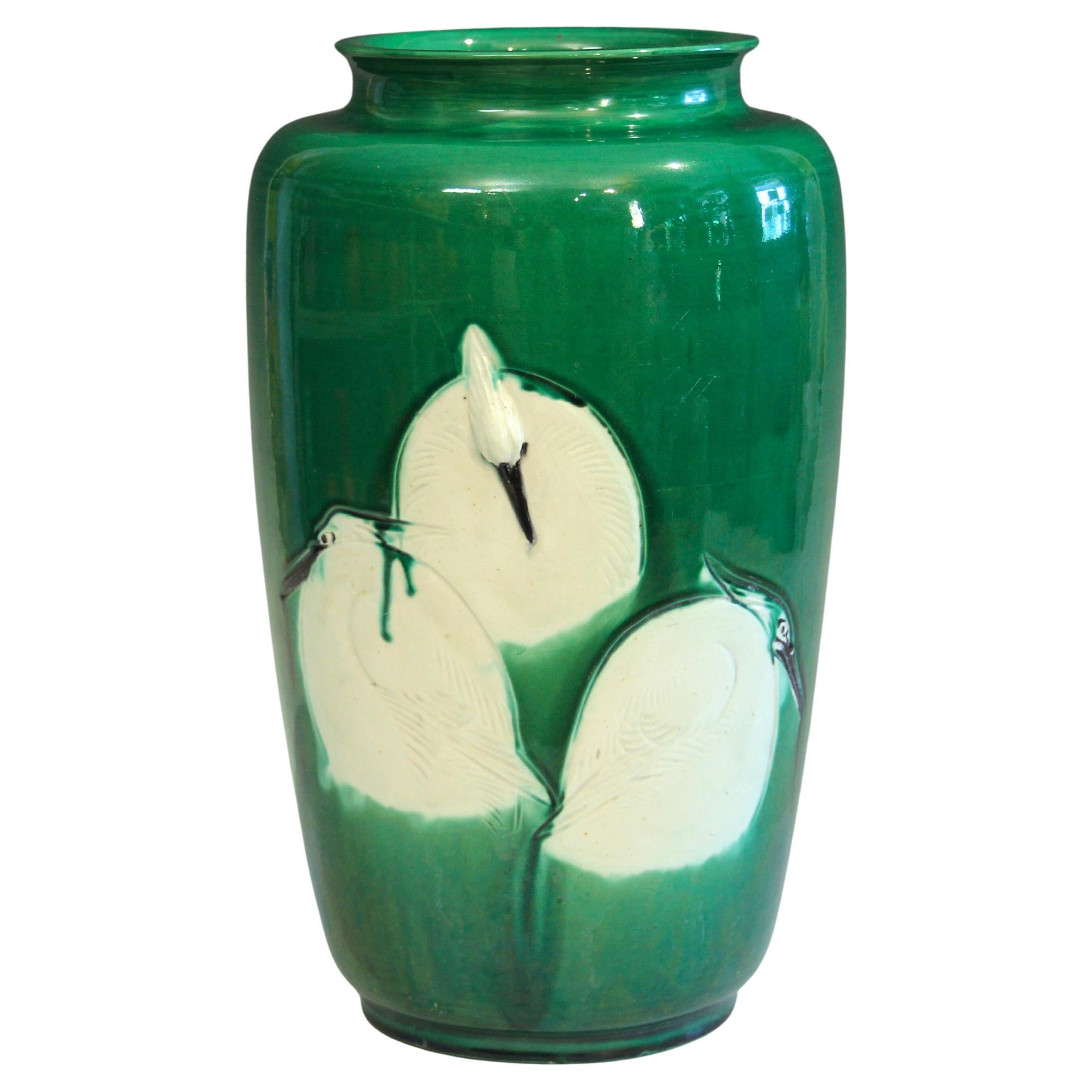 Antique Awaji Pottery Arts and Crafts Large Cranes Vase For Sale