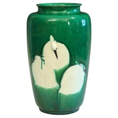 Antique Awaji Pottery Arts and Crafts Large Cranes Vase
