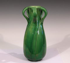 Antique Awaji Pottery Arts & Crafts Green Organic Nouveau Monochrome Vase