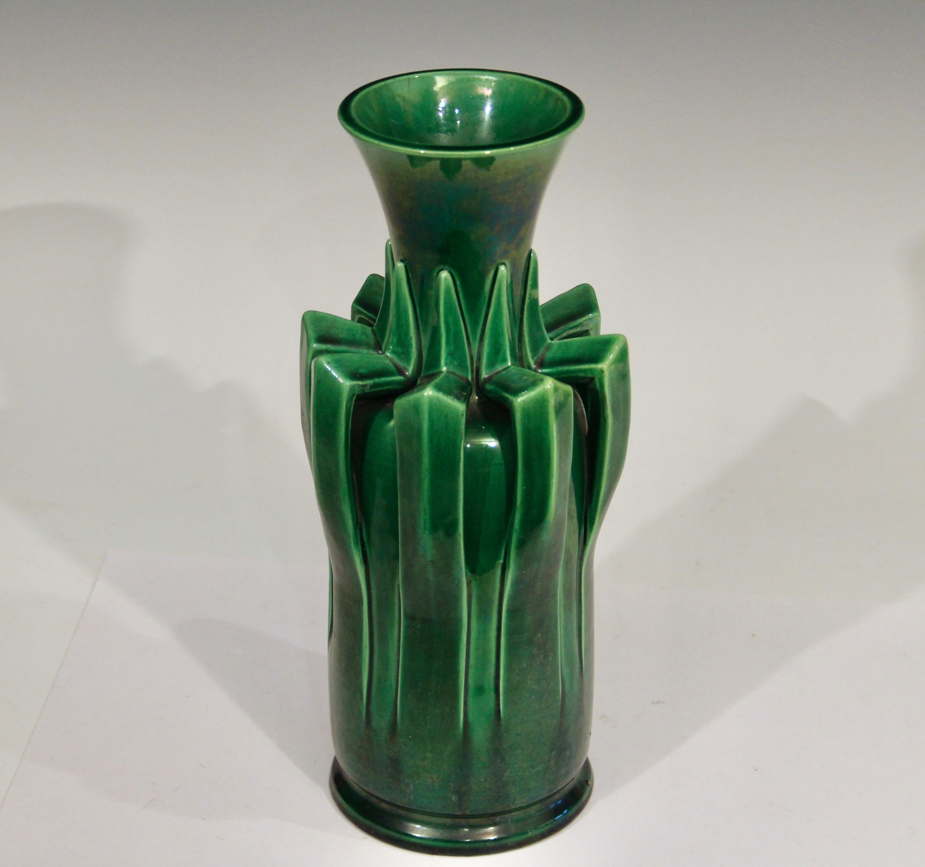 Antique Awaji pottery vase in terrific folded petal form in green monochrome glaze, circa 1920. 11 1/2