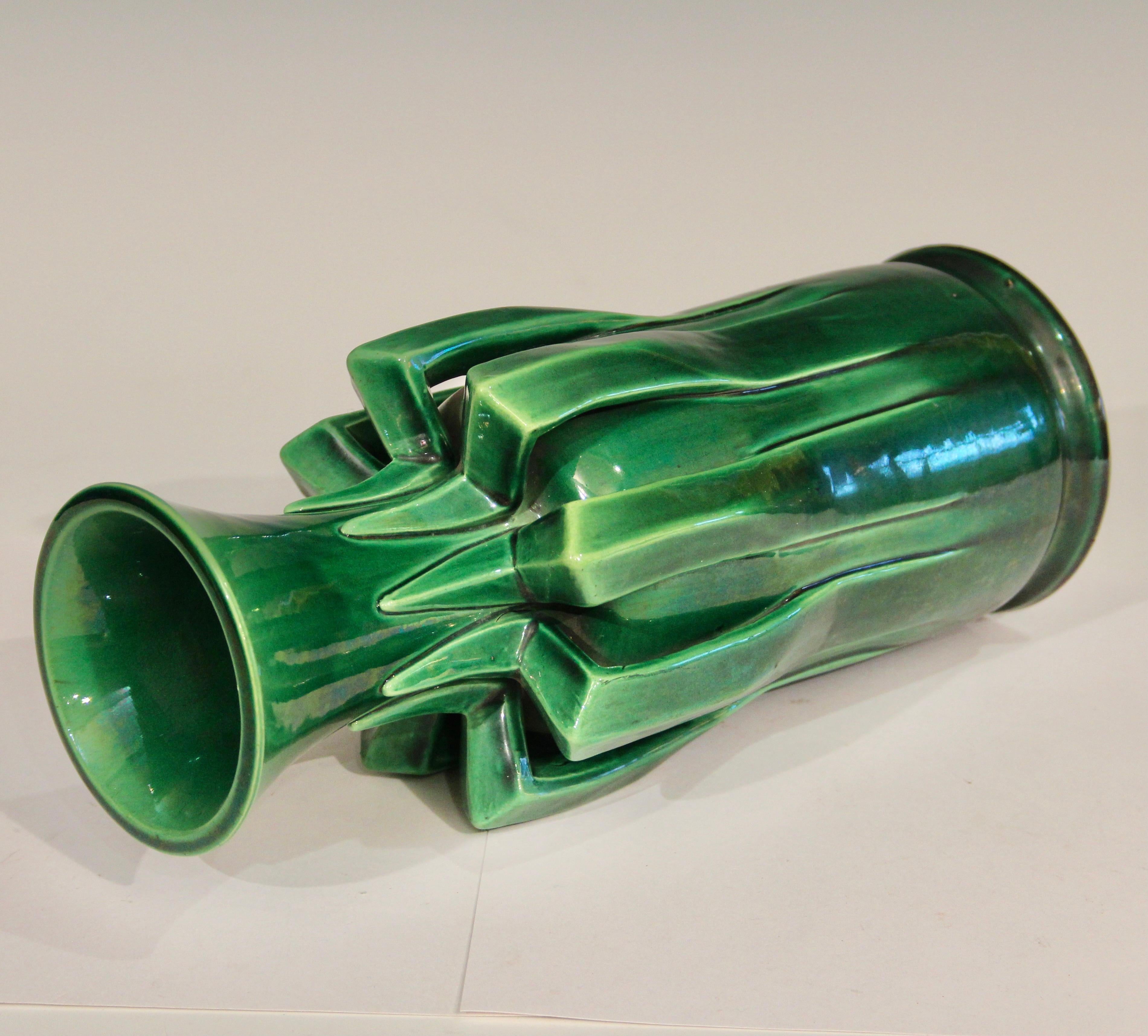 Japanese Antique Awaji Pottery Arts & Crafts Green Organic Nouveau Monochrome Vase