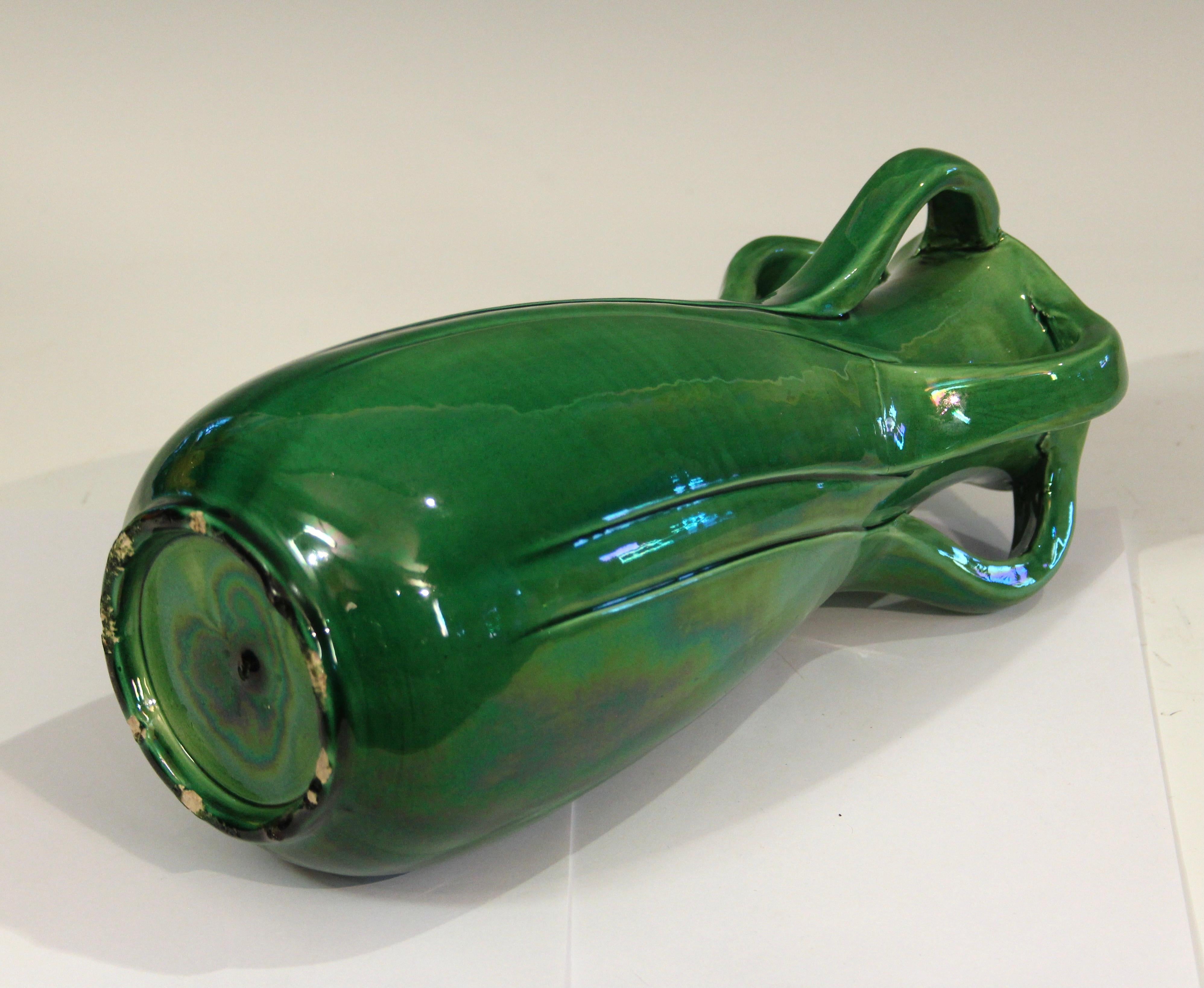 Art Nouveau Antique Awaji Pottery Arts & Crafts Green Organic Nouveau Monochrome Vase For Sale