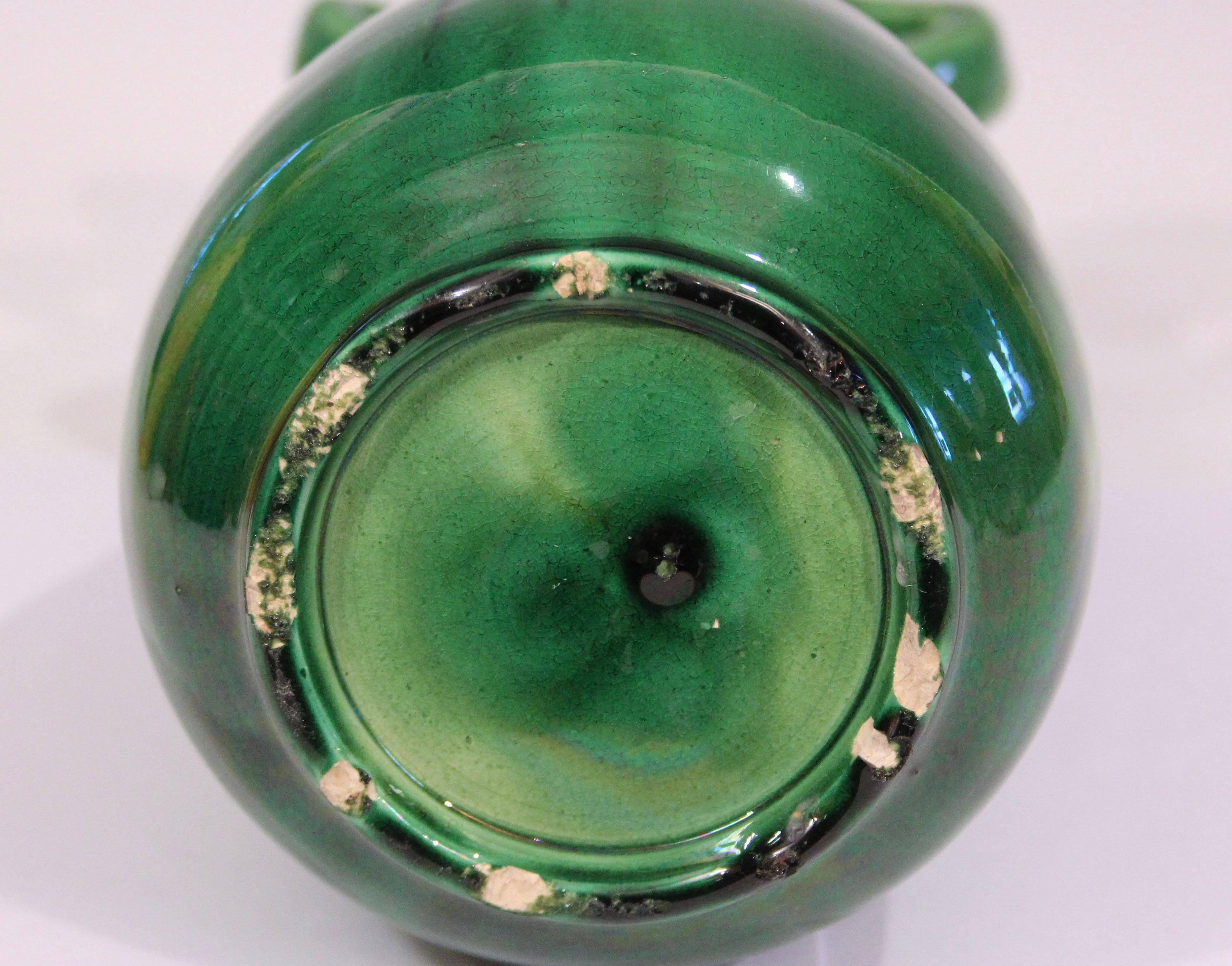 Japanese Antique Awaji Pottery Arts & Crafts Green Organic Nouveau Monochrome Vase For Sale