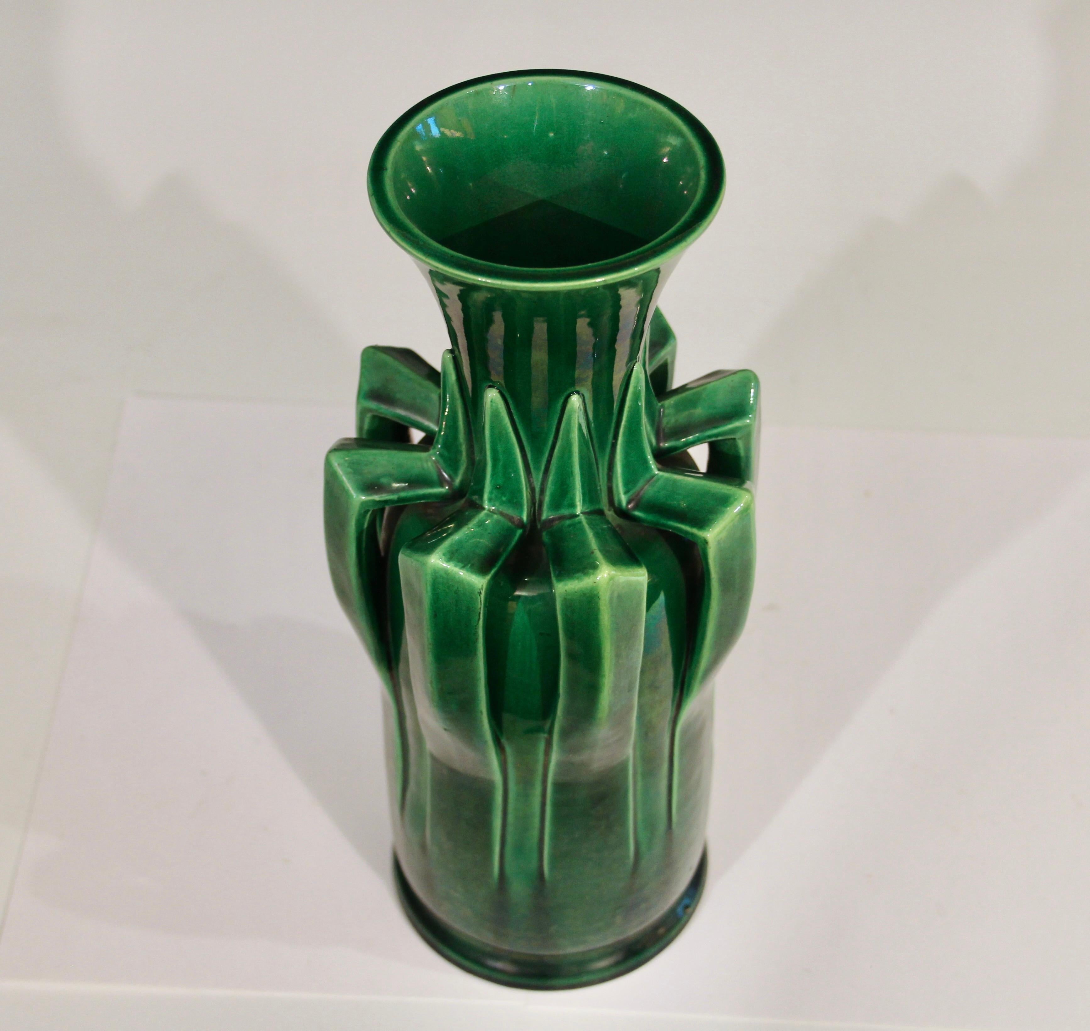 Early 20th Century Antique Awaji Pottery Arts & Crafts Green Organic Nouveau Monochrome Vase