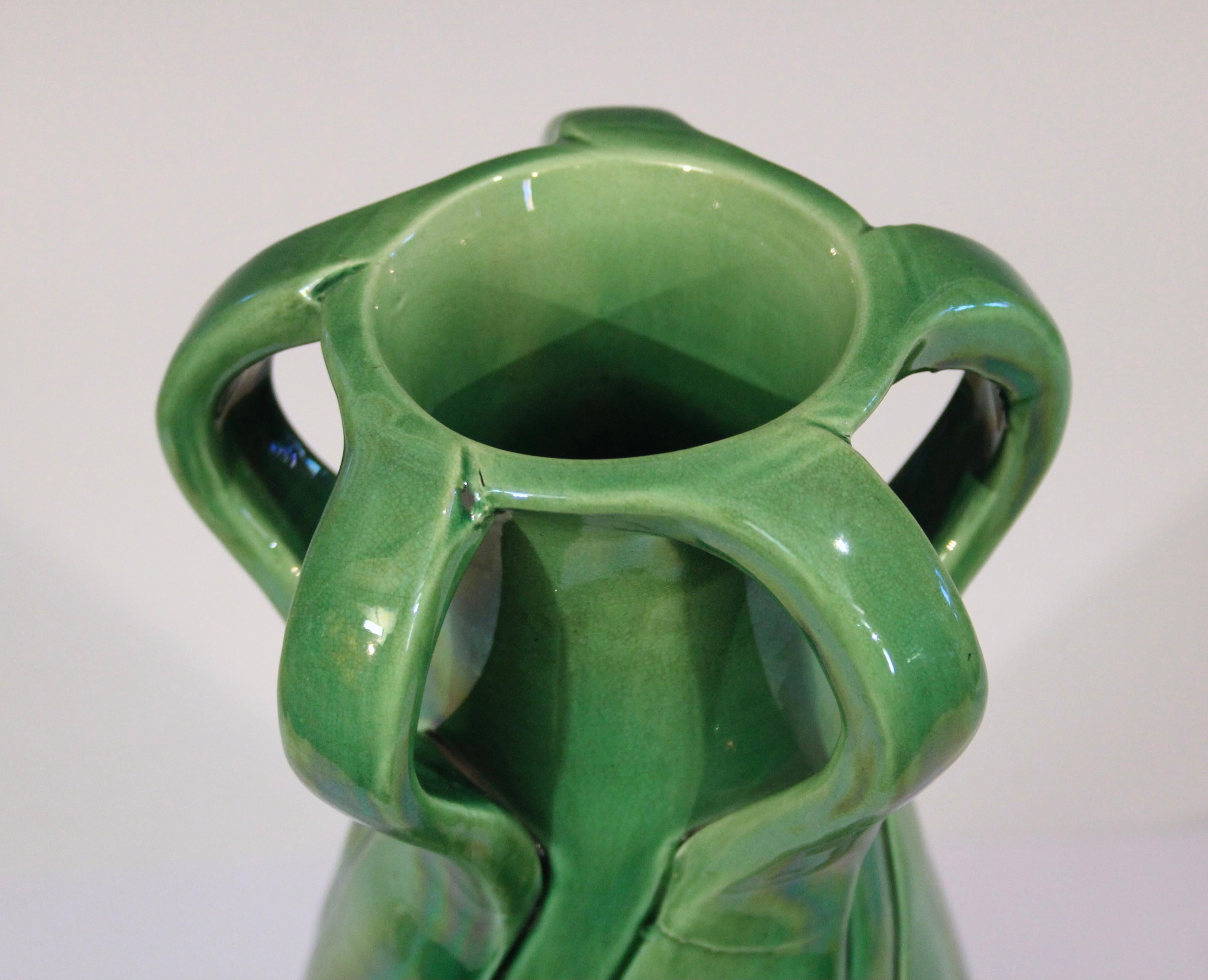Turned Antique Awaji Pottery Arts & Crafts Green Organic Nouveau Monochrome Vase For Sale