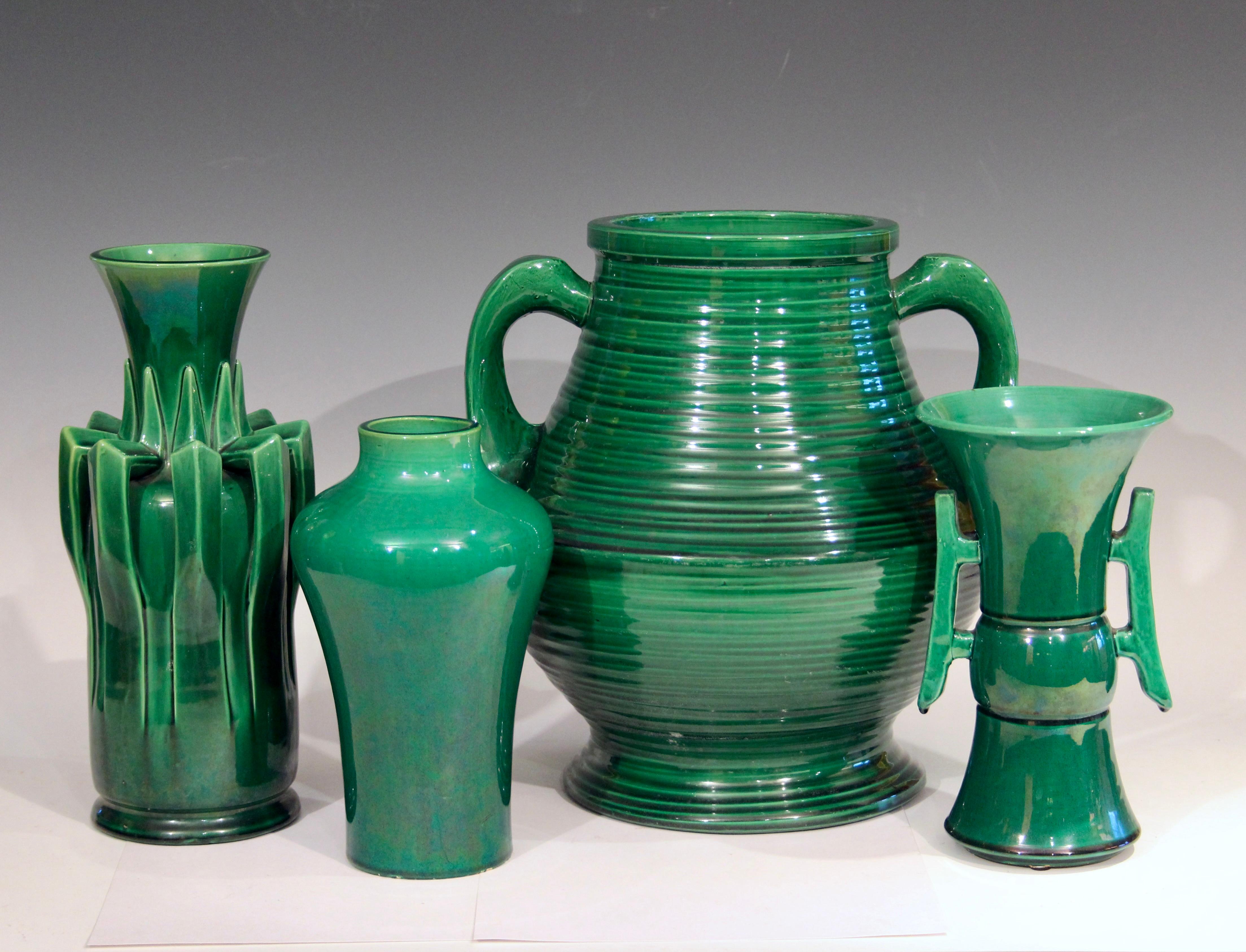 Antique Awaji Pottery Arts & Crafts Green Organic Nouveau Monochrome Vase 1