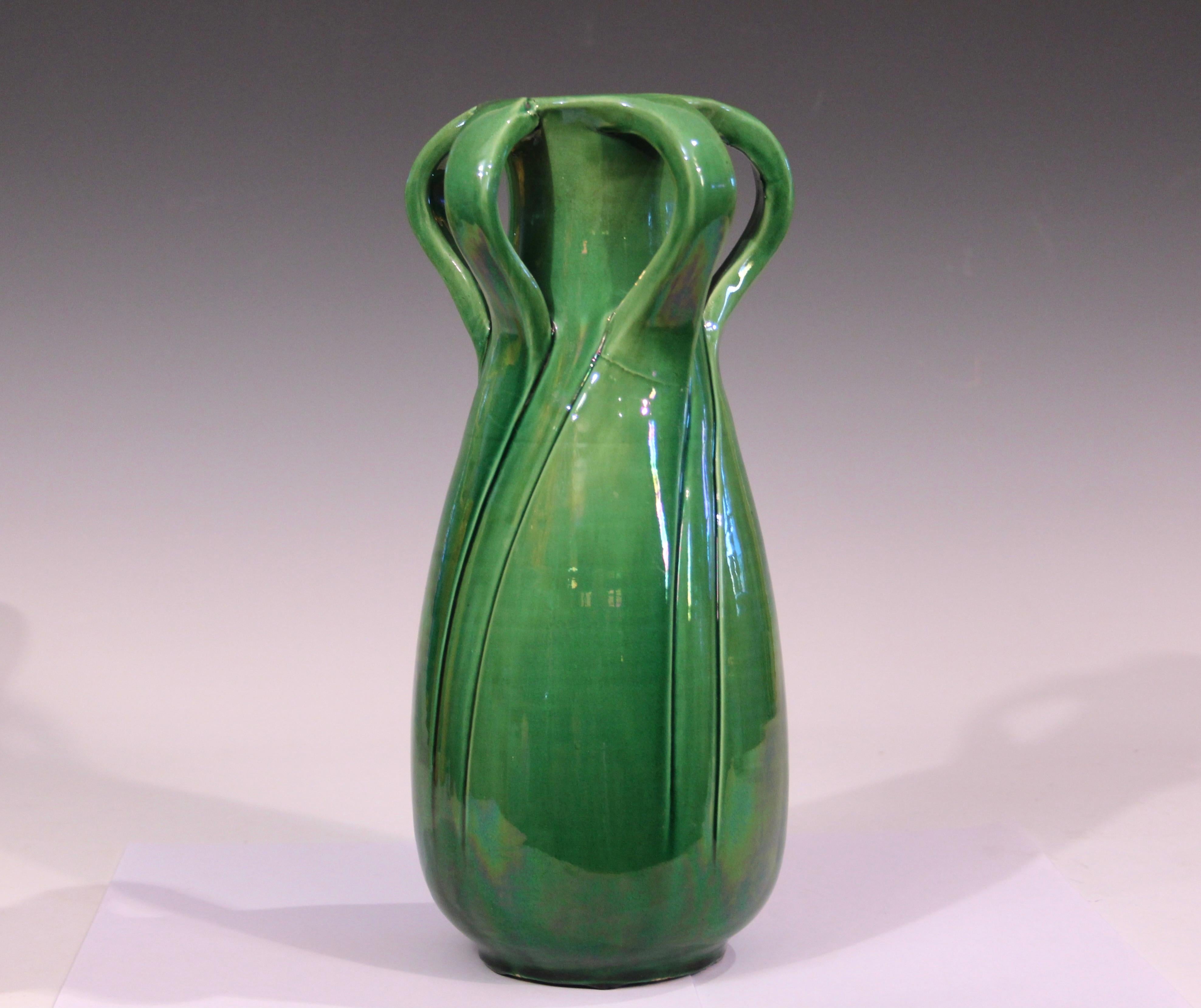 Antique Awaji Pottery Arts & Crafts Green Organic Nouveau Monochrome Vase In Excellent Condition For Sale In Wilton, CT