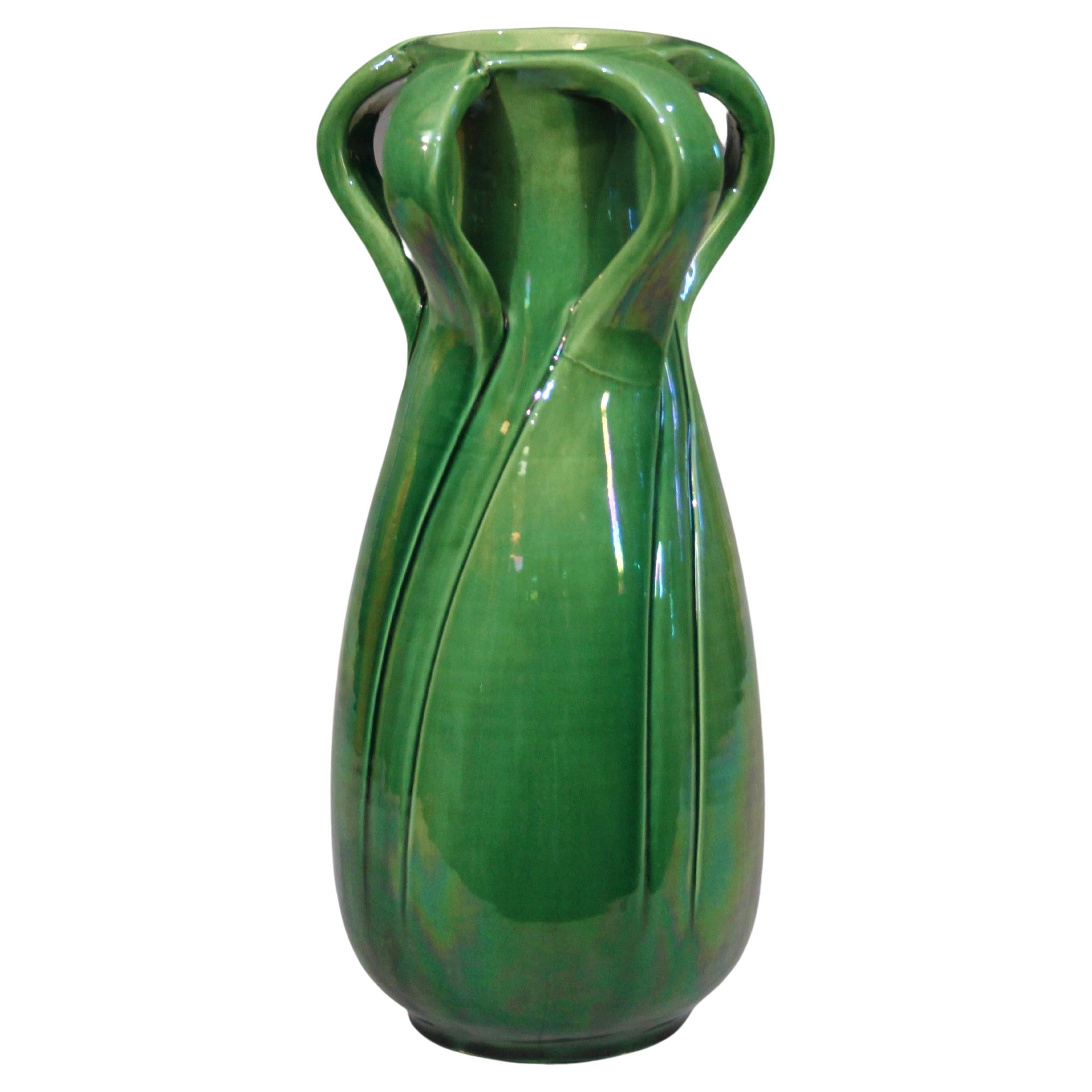 Antique Awaji Pottery Arts & Crafts Green Organic Nouveau Monochrome Vase For Sale