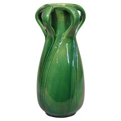 Antique Awaji Pottery Arts & Crafts Green Organic Nouveau Monochrome Vase