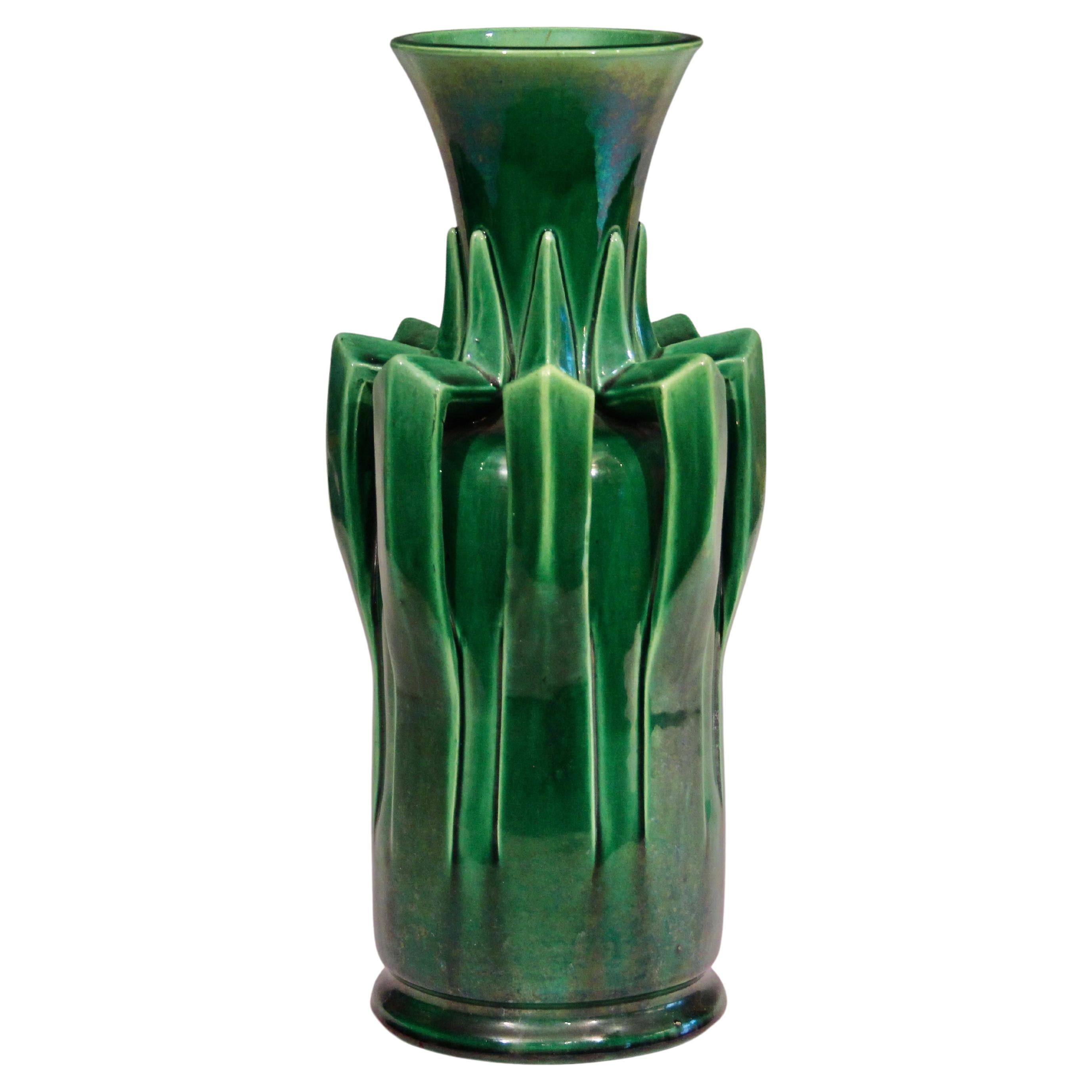 Antique Awaji Pottery Arts & Crafts Green Organic Nouveau Monochrome Vase