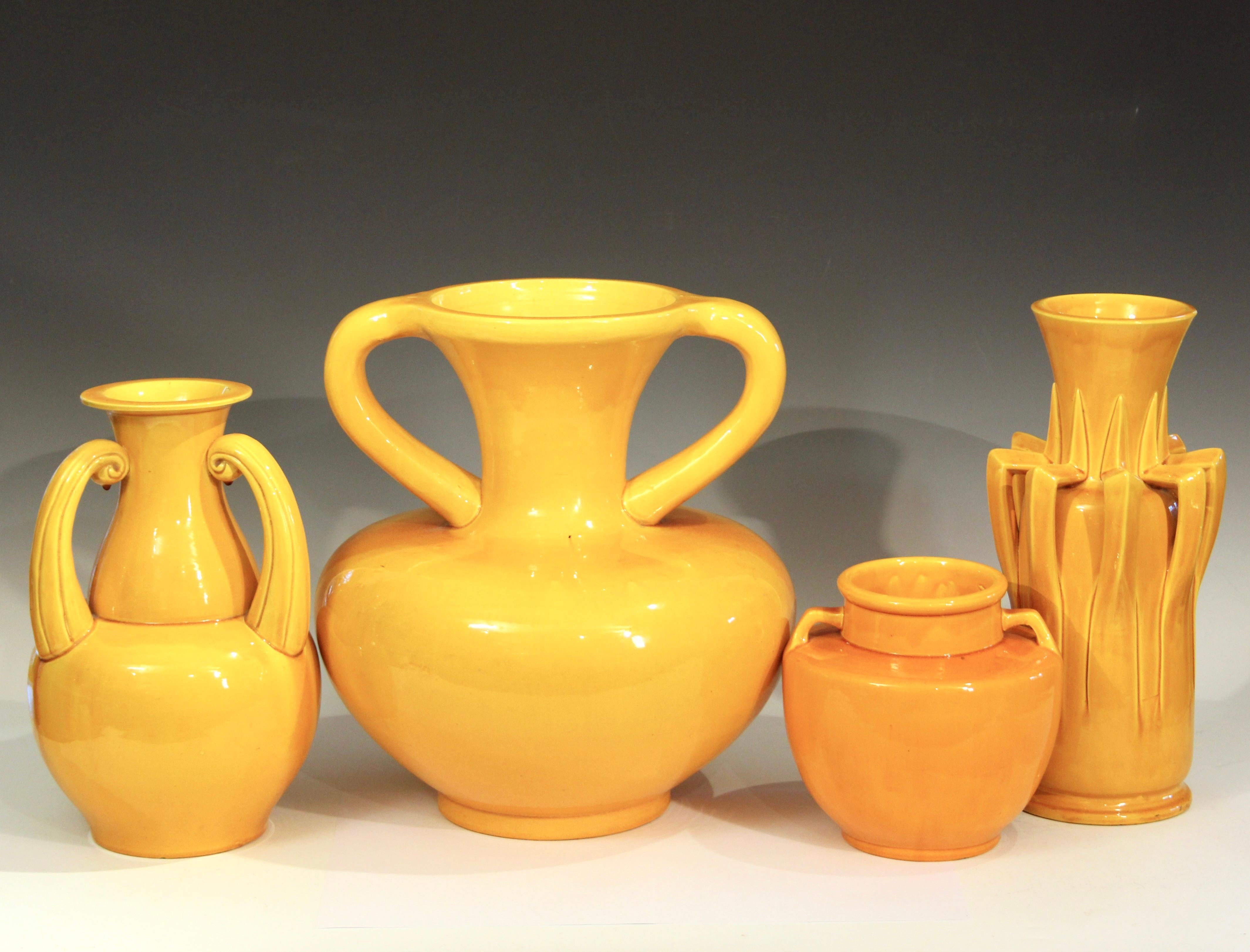 Antique Awaji Pottery Arts & Crafts Yellow Organic Petal Form Monochrome Vase For Sale 4
