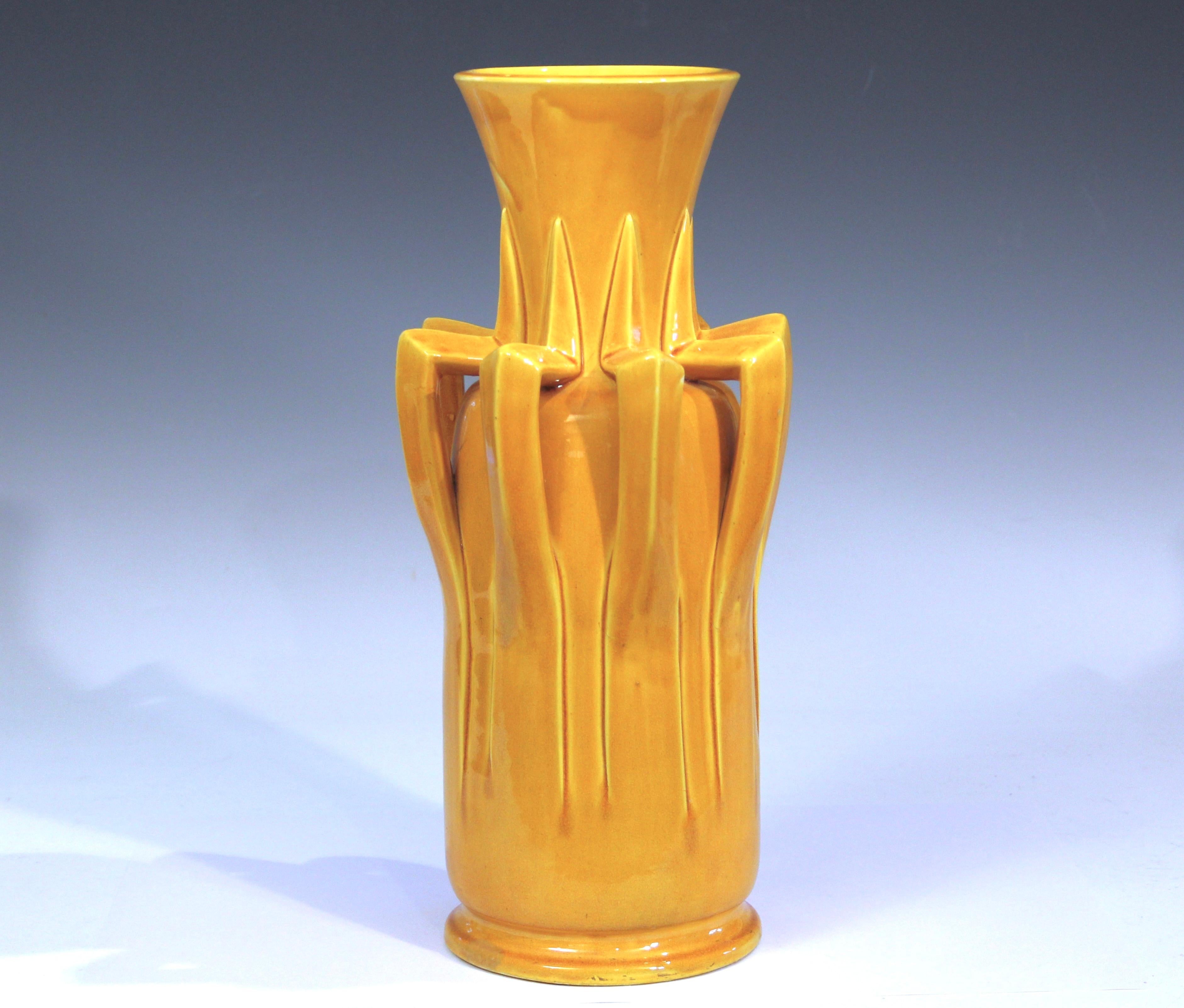 Antique hand turned Awaji pottery vase in terrific folded petal form with yellow crackle monochrome glaze, circa 1920. 14