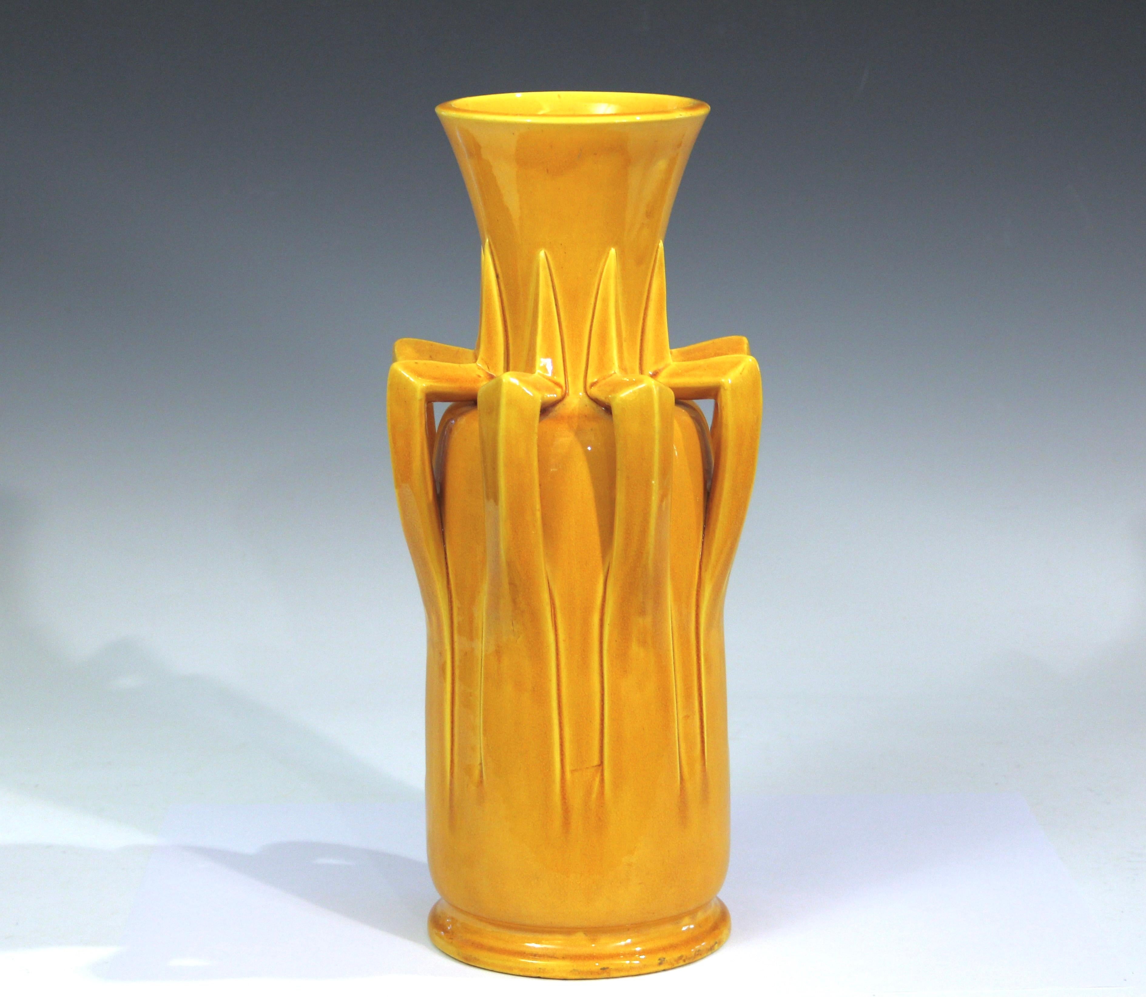 Art Nouveau Antique Awaji Pottery Arts & Crafts Yellow Organic Petal Form Monochrome Vase For Sale