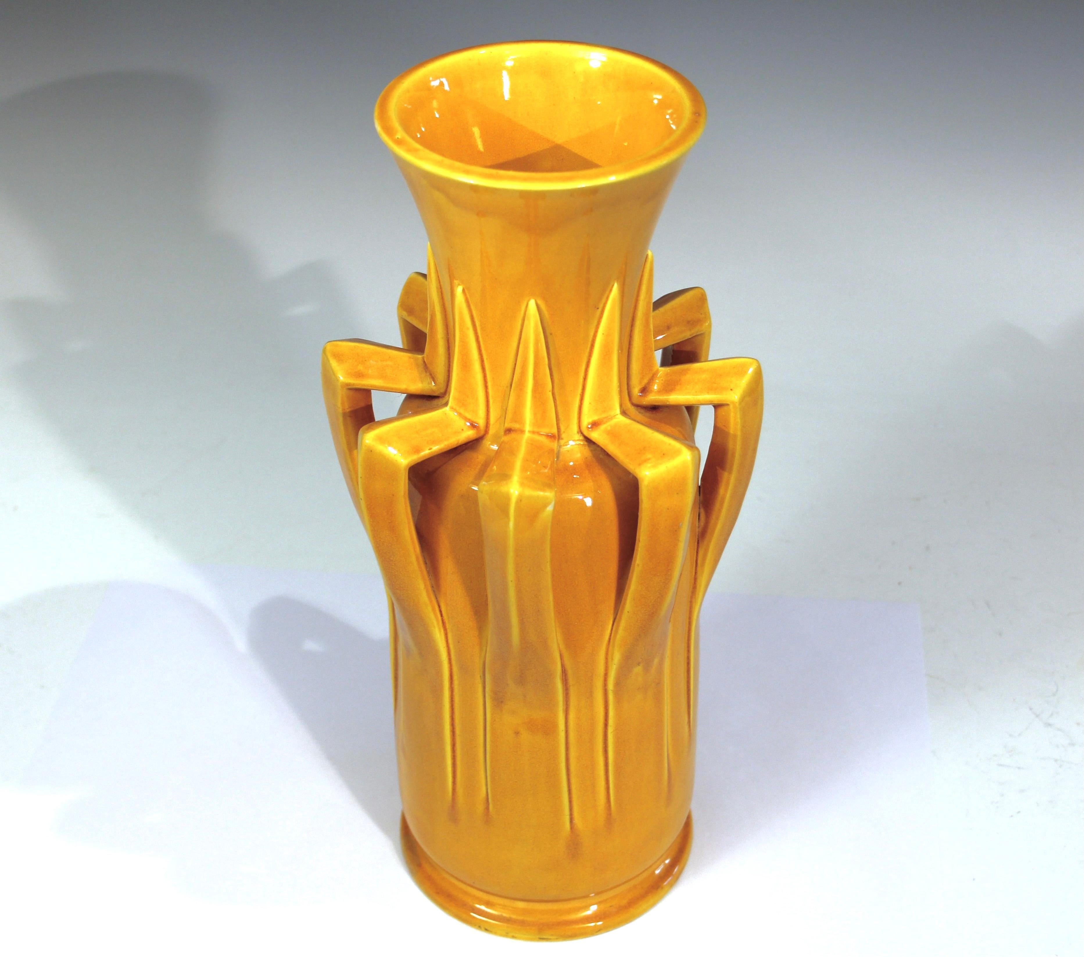 Antique Awaji Pottery Arts & Crafts Yellow Organic Petal Form Monochrome Vase For Sale 1