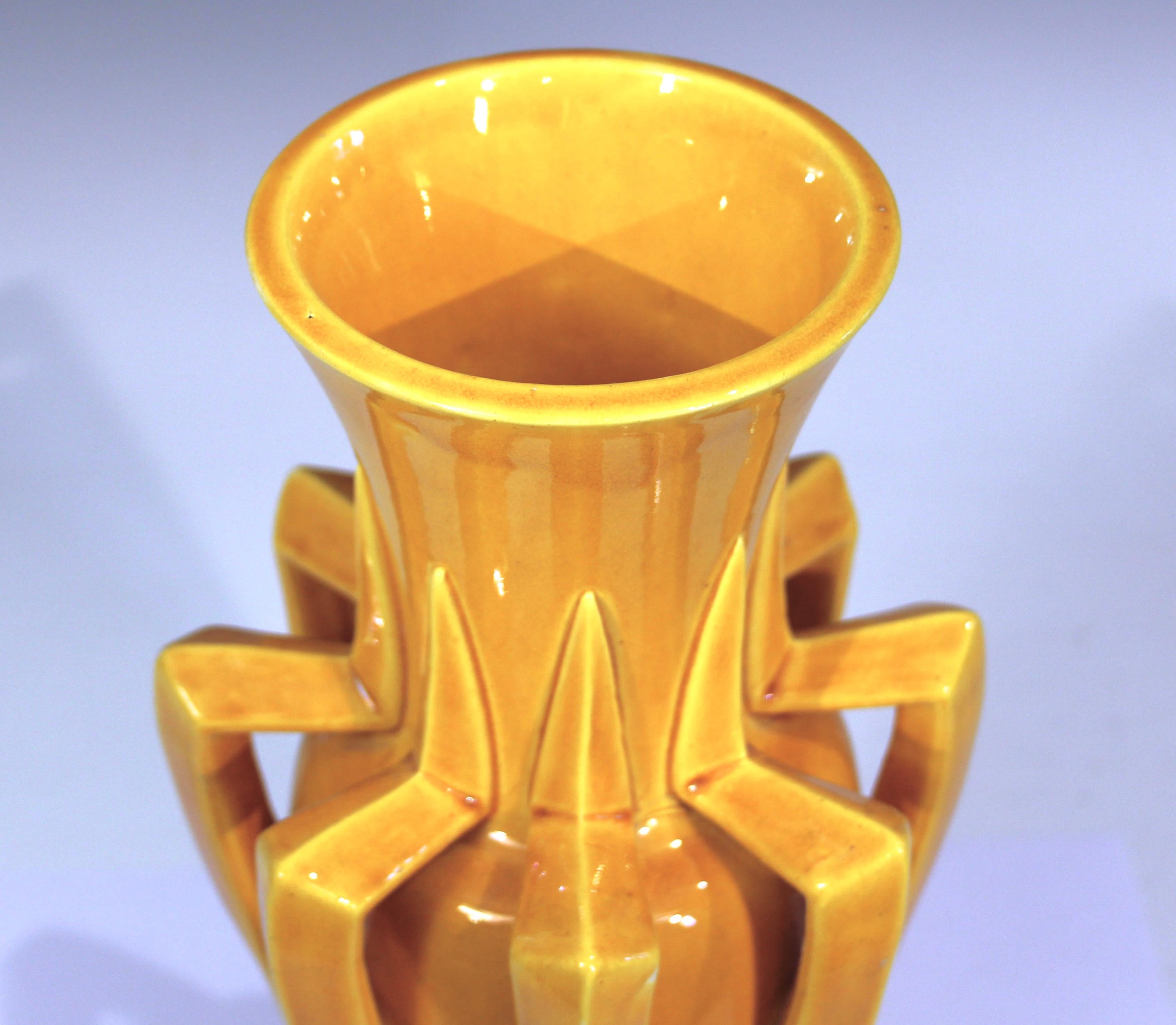 Antique Awaji Pottery Arts & Crafts Yellow Organic Petal Form Monochrome Vase For Sale 2