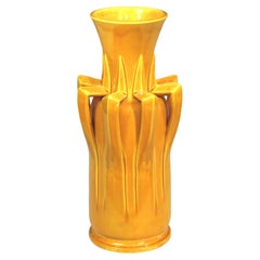 Antique Awaji Pottery Arts & Crafts Yellow Organic Petal Form Monochrome Vase