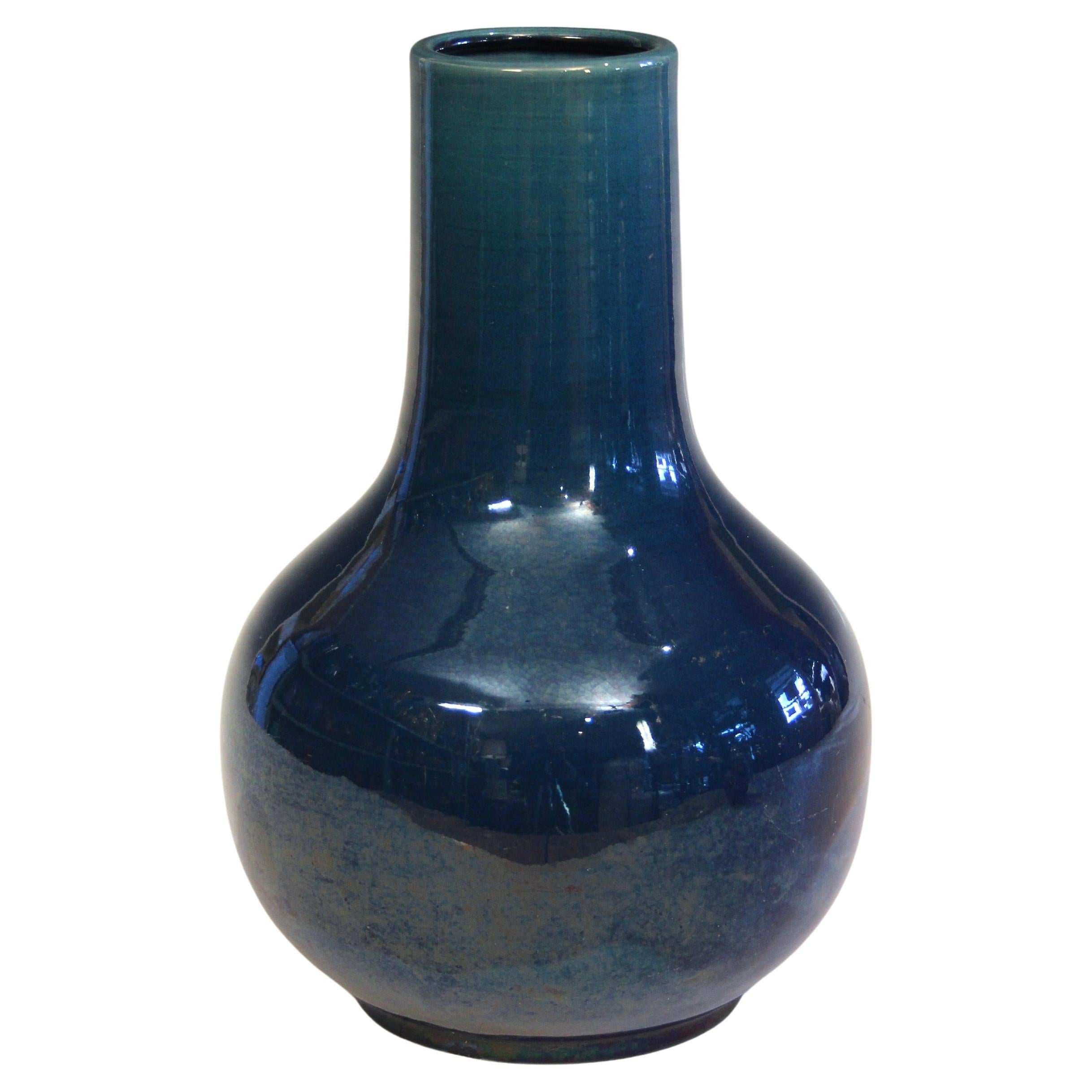 Antique Awaji Pottery Blue Monochrome Long Neck Bottle Vase