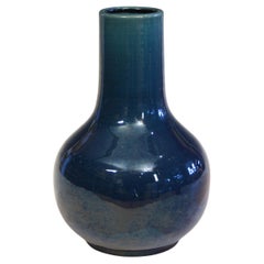 Antique Awaji Pottery Blue Monochrome Long Neck Bottle Vase