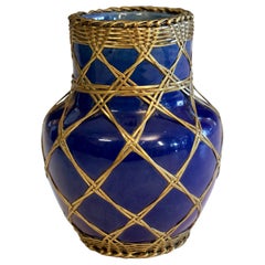 Antique Awaji Pottery Blue Vase with Brass Weaving