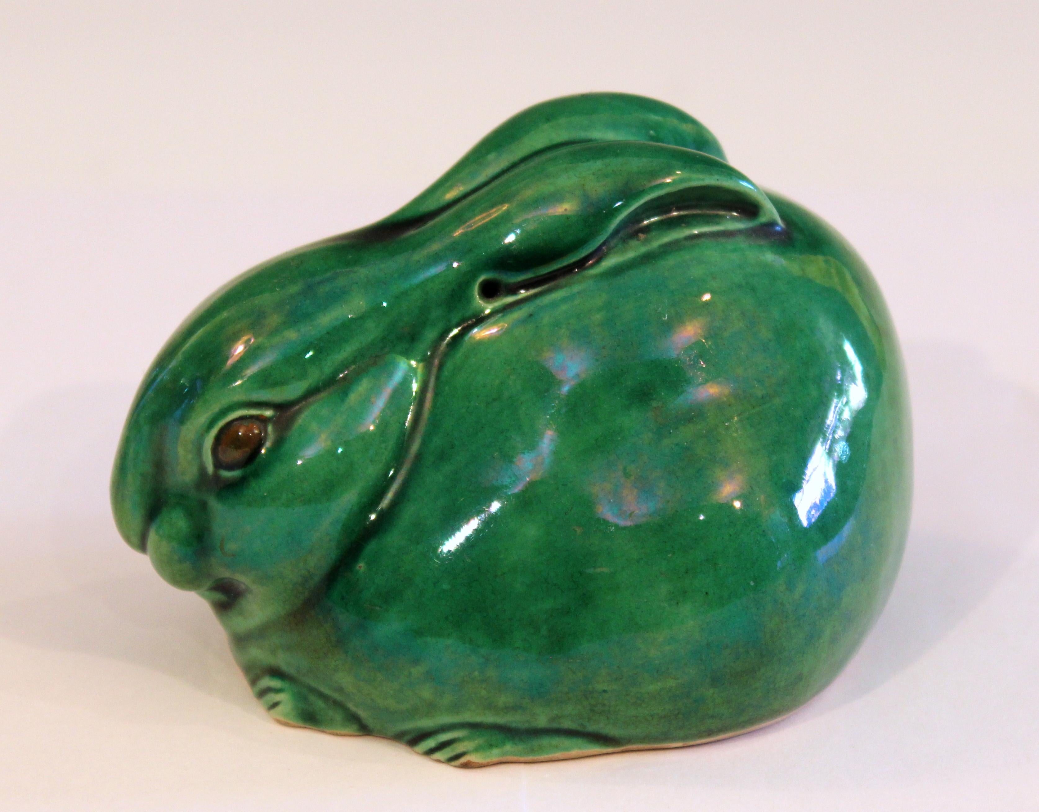 Antique Awaji pottery bunny rabbit figure in fine green crackle glaze, circa 1910s.Measures: 4
