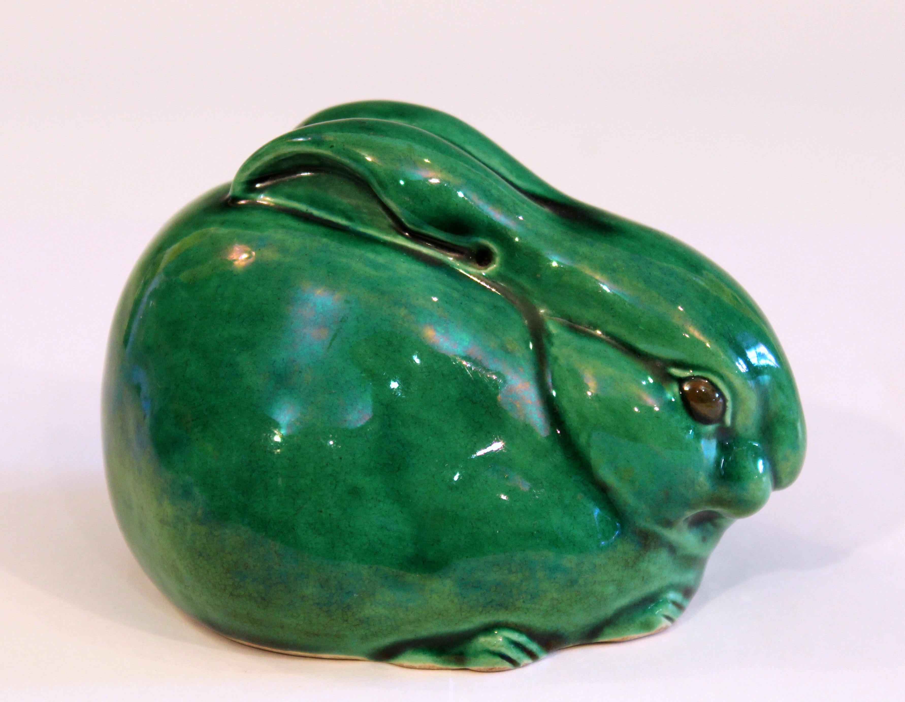 Meiji Antique Awaji Pottery Bunny Rabbit Green Crackle Glaze Figure Signed For Sale