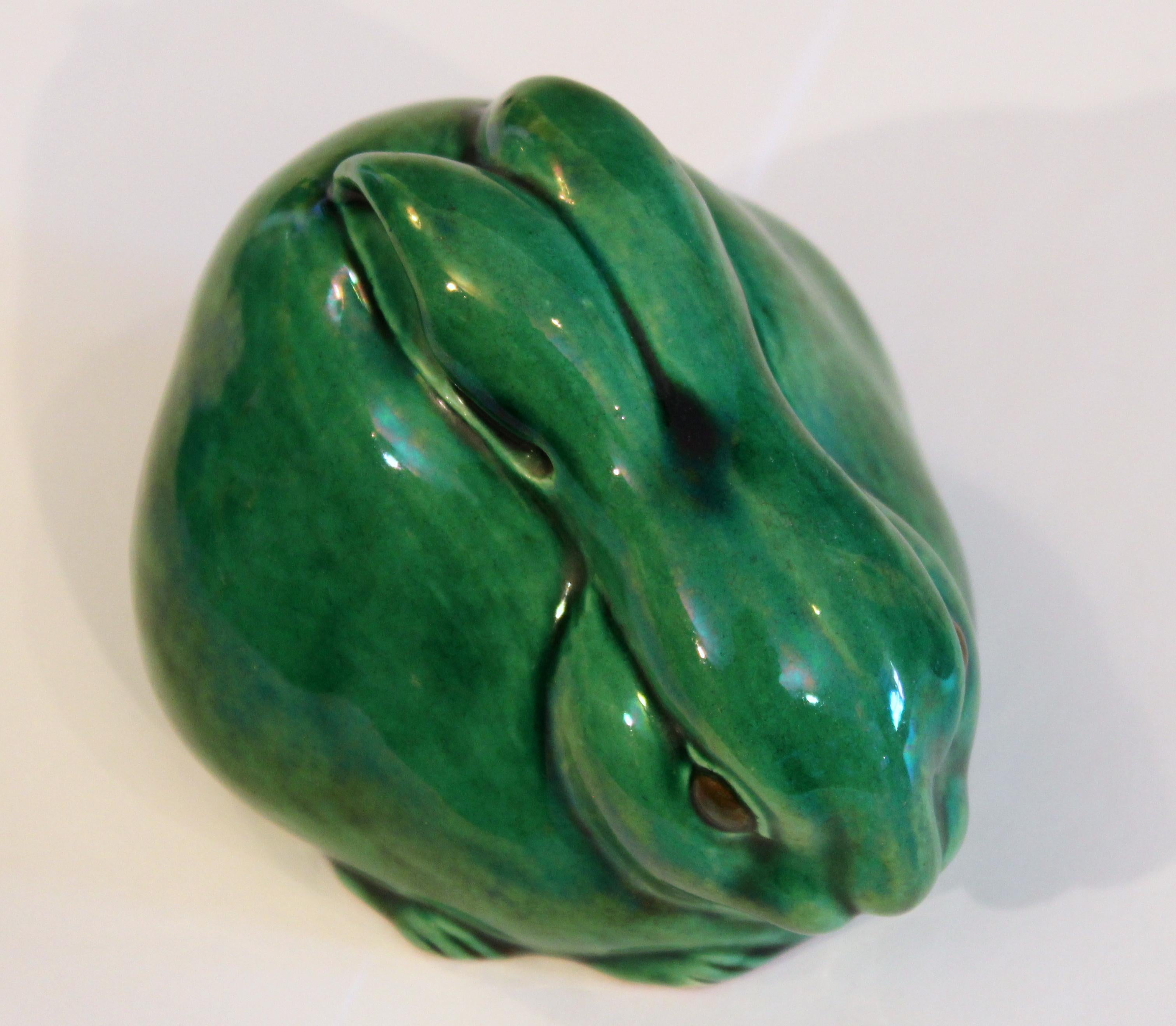 Molded Antique Awaji Pottery Bunny Rabbit Green Crackle Glaze Figure Signed For Sale