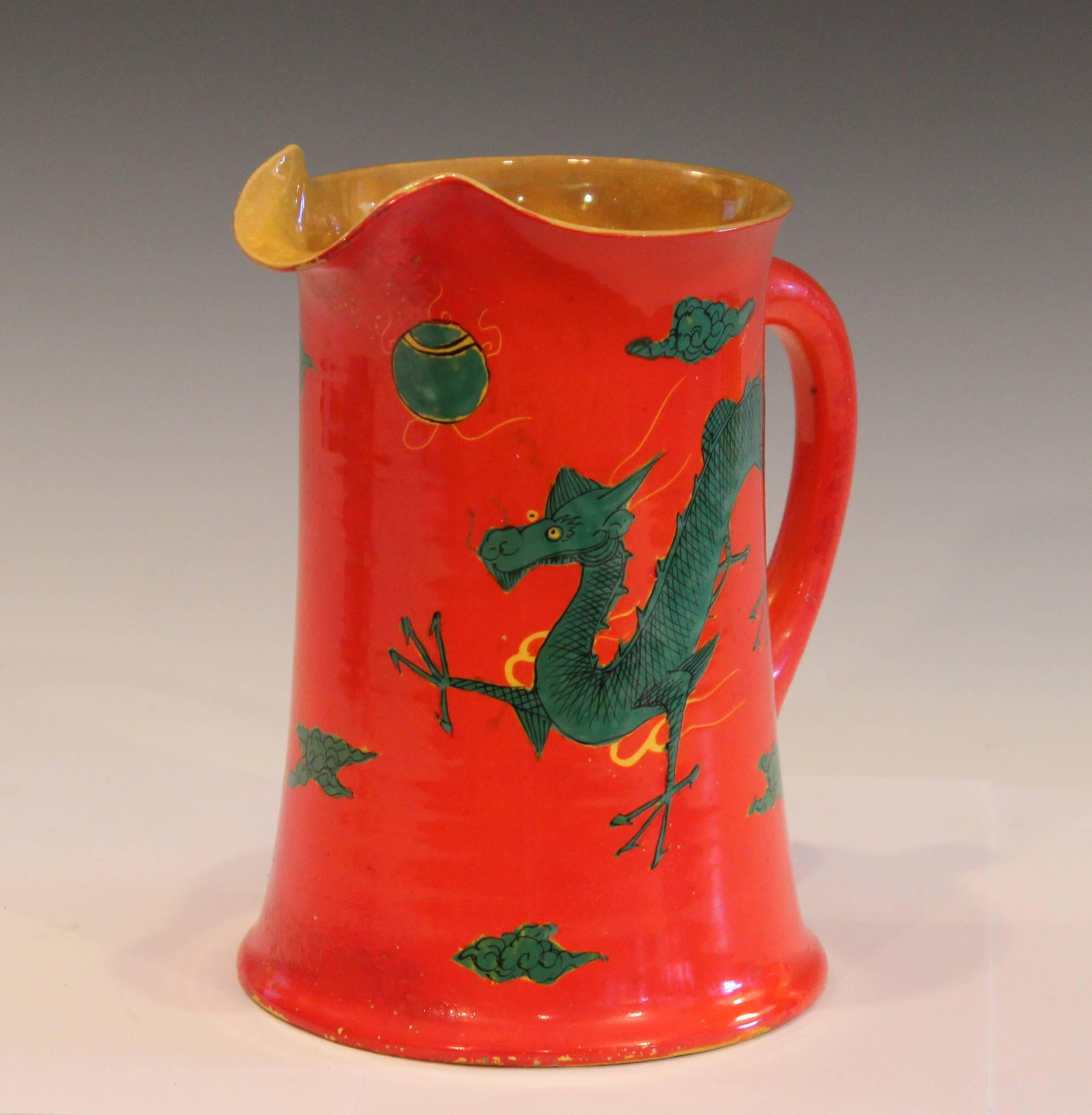 Art Deco Antique Awaji Pottery Chrome Red Dragon Pitcher Vase Japanese Studio Signed For Sale