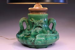 Antique Awaji Pottery Double Dragon Arts and Crafts Green Lamp